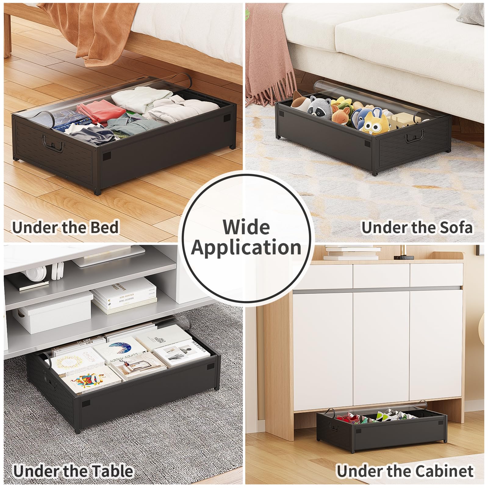 Contenitore sotto il letto con ruote, 40 l, contenitore sotto il letto con coperchio, organizer per vestiti e scarpe, per dormitorio, camera da letto, tessuto Oxford e struttura in metallo