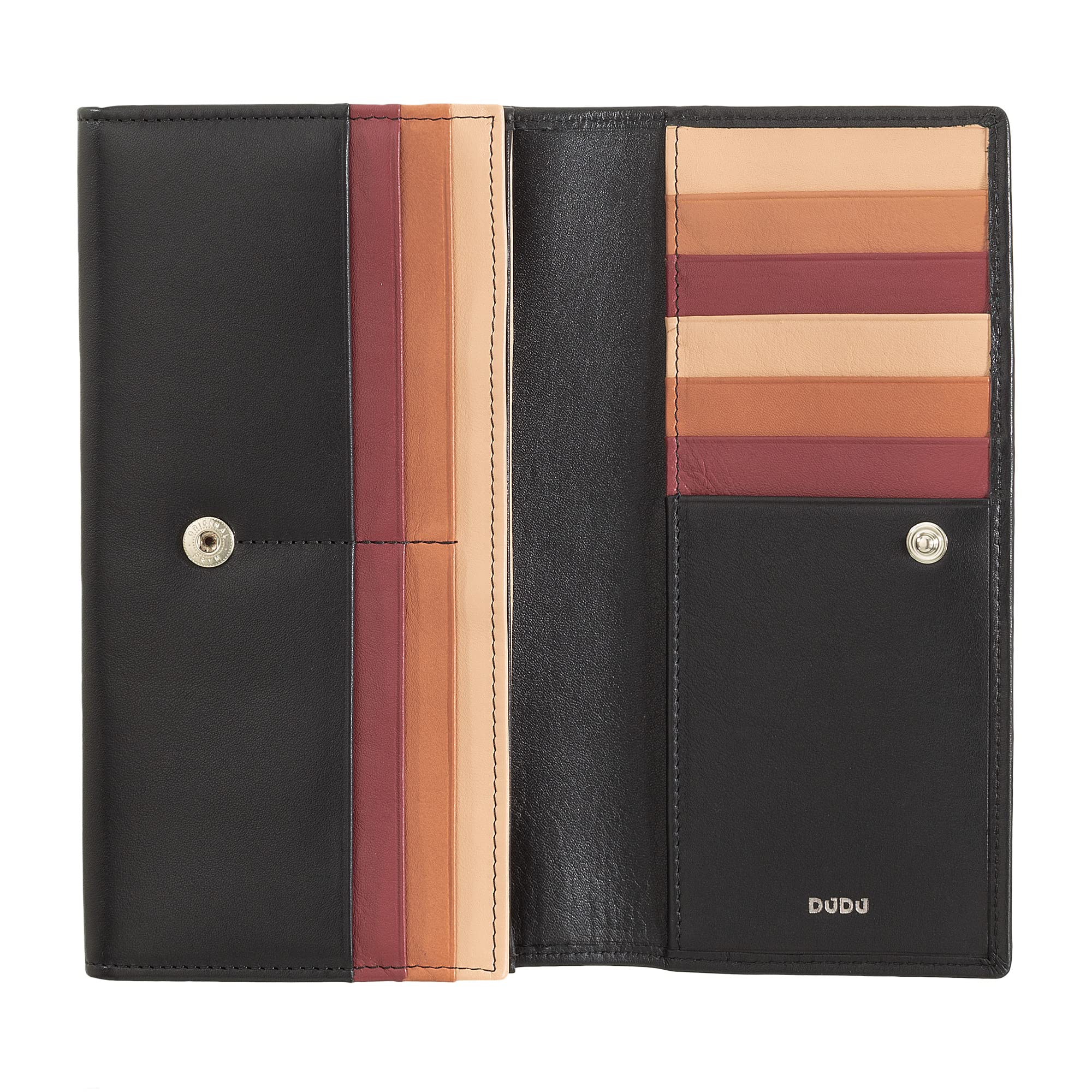 DUDU Portafoglio Donna Pelle RFID Design Colorato Lungo con Portamonete Zip 18 Porta Carte e Chiusura a Bottone Nero