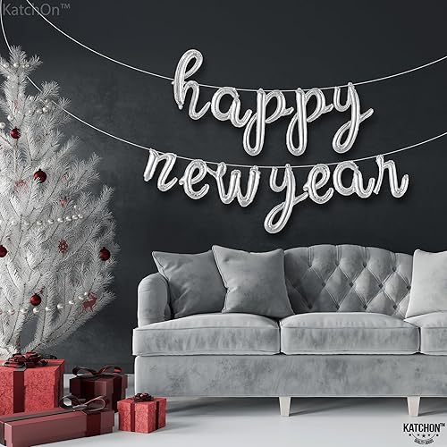 Miniatura 6 de KatchOn, Globos plateados de feliz año nuevo, 16 pulgadas, globos de letras de feliz año nuevo  Cartel de feliz año nuevo, decoraciones de feliz año