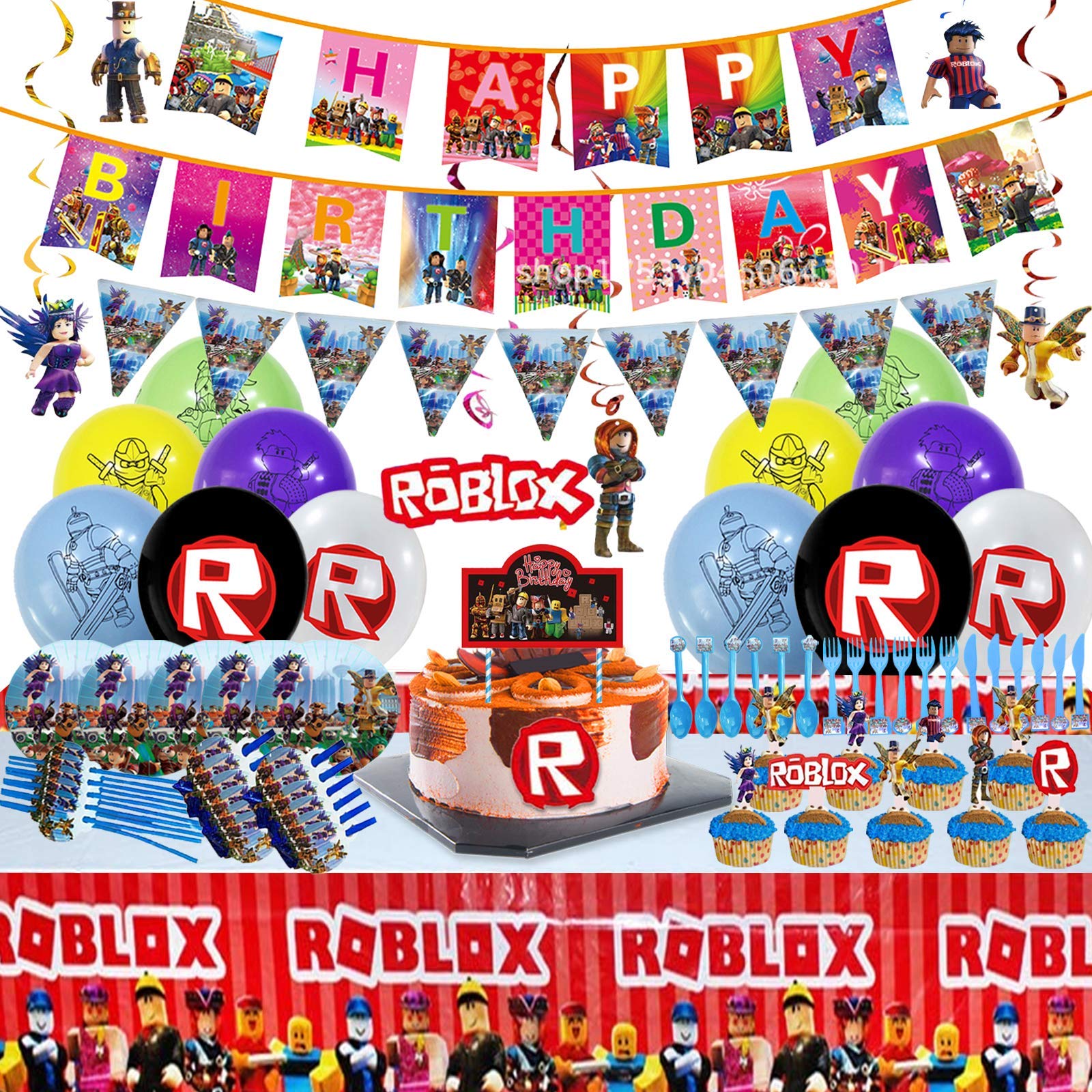 Roblox Party Supplies, Robot Blocks Party Favor Party Decorations Ro-Blox Birthday Party Supplies, Flatware, Spoons, Fork, Knife, Plates , Table Covers, Cake Toppers, Banner,Balloon,Tablecloth Birthday Party Favor Pack Set for Boys Girls