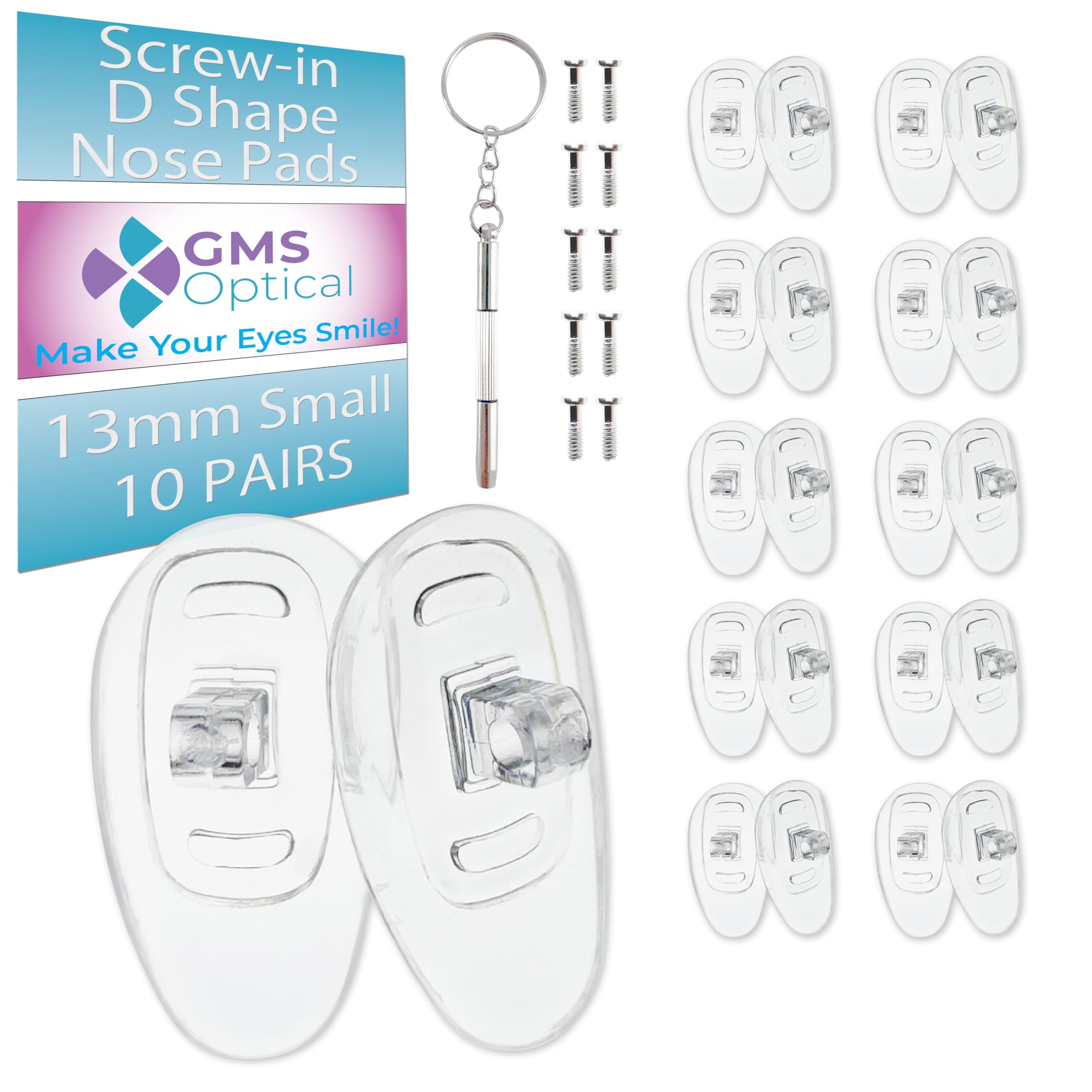 GMS Optical Screw-in Silicone Nose Pads for Glasses | 13mm Small, 7.2mm Width | Non Slip Nose Grips for Sunglasses, Eyeglass Accessories for Kids &