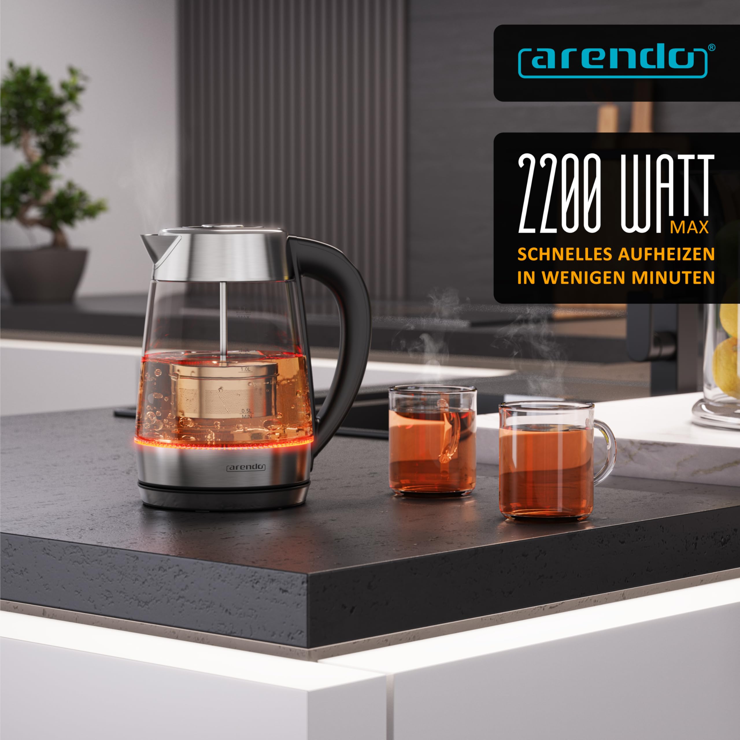 Arendo - 2in1 Glas Wasserkocher und Teekocher mit Temperatureinstellung – 1,7 Liter – Teesieb – Glas und Edelstahl – 5 Temperaturen – temperaturabhängige LED-Darstellung – Warmhalten bis zu 2 Stunden