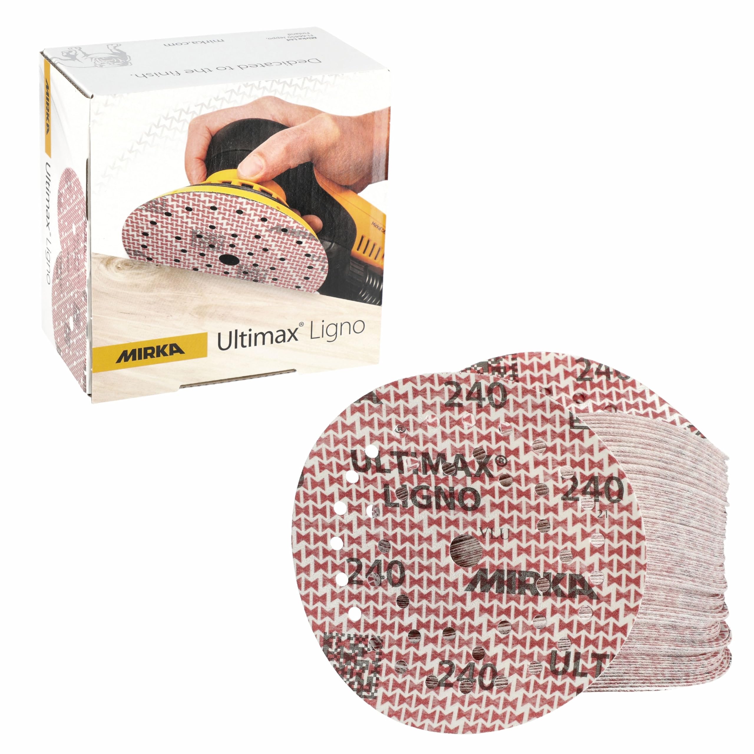 Mirka tarcze szlifierskie Ultimax Ligno 125 mm rzep Multifit | Multiperforowane tarcze szlifierskie do drewna z ziarnem 240 kompatybilne z szlifierkami mimośrodowymi i oscylacyjnymi