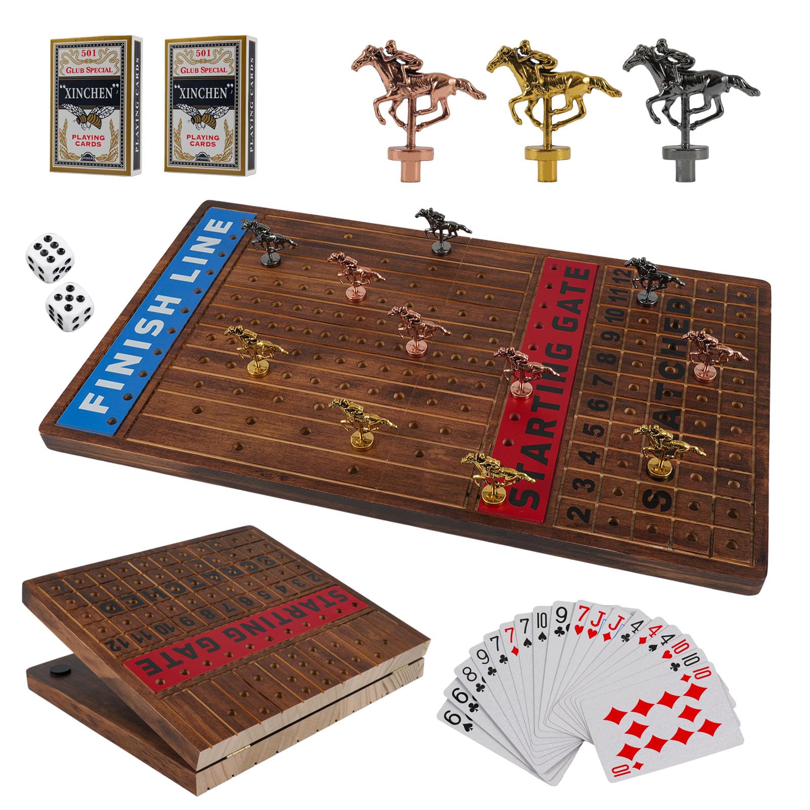 Wahartoly Horse Racing Board Game - Foldable Wood Board, 11 Metal Horses, Dice & Cards, Family Strategy Game