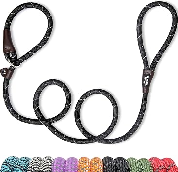 TwoEar 6FT Slip Lead Dog Leash, Heavy Duty Slip Leash for Dogs with Highly Reflective, Strong Rope Slip Leads No Pull Pet Training Leashes for Small Dogs 3/8", Black