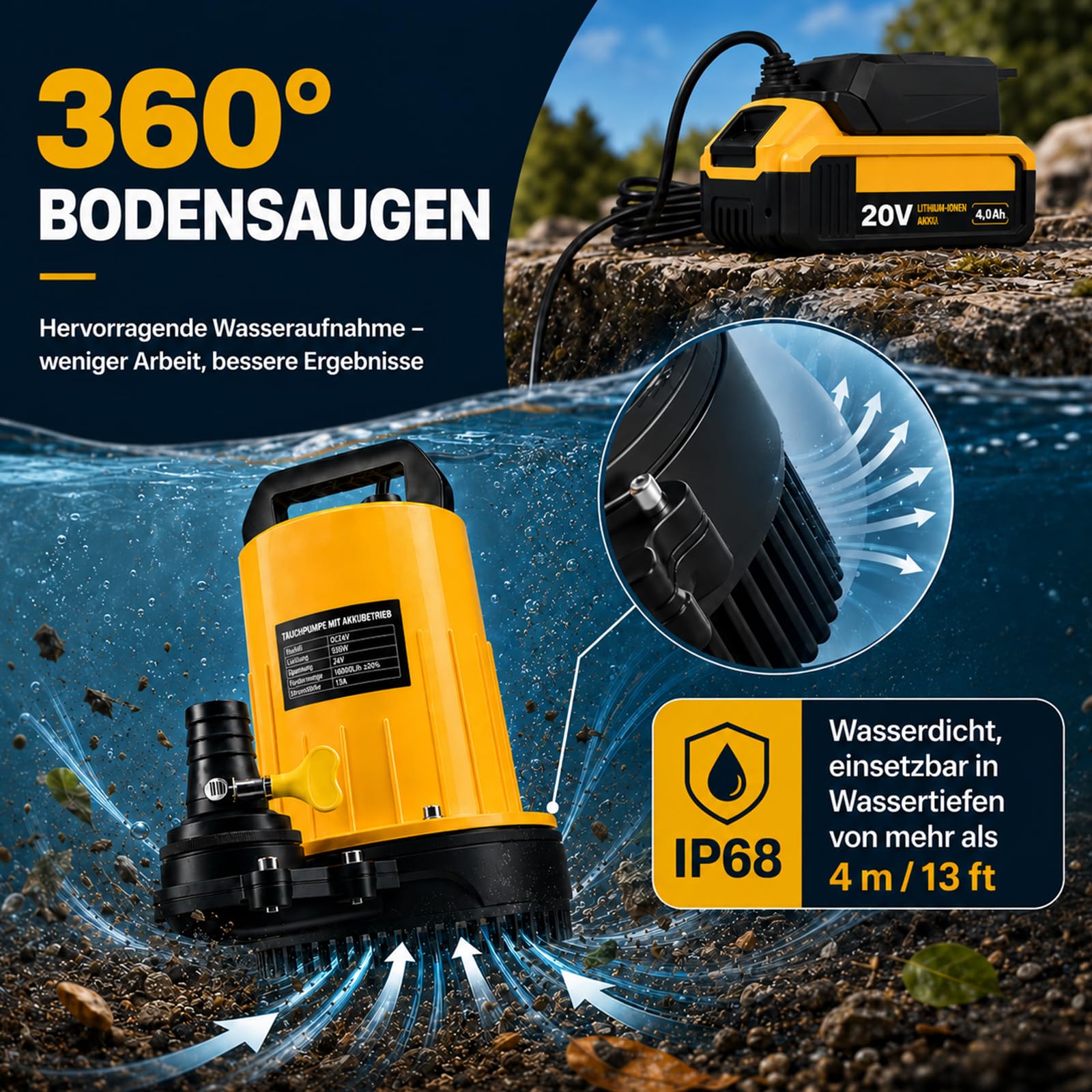 Akku Tauchpumpe für Dewalt 18V Akku (Ohne Akku), 2800L/H Klarwasserpumpe mit 12m Förderhöhe, 5m Anschlusskabel, 10m Ablaufschlauch & Sicherheitsdeckel, für Pool, Wasserbett, Garten, Teich Entwässerung