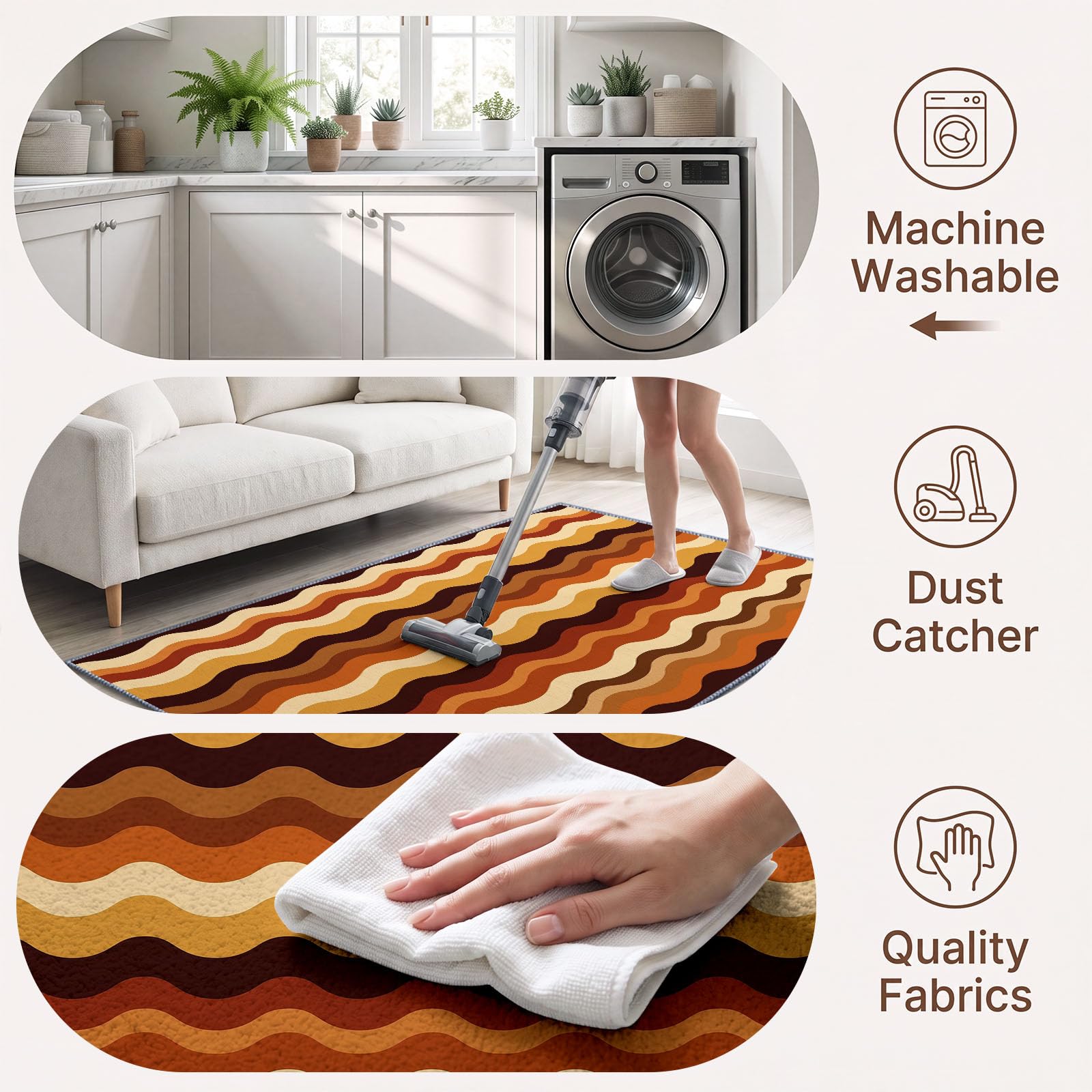 Tappeto in stile retrò chic anni '70 per soggiorno, 120 x 170 cm, a righe ondulate tono terroso, per camera da letto, morbido, a pelo corto, antiscivolo, tappeto classico per sala da pranzo, ufficio