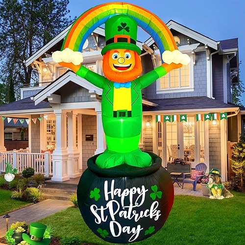 Inflables gigantes del día de San Patricio de 8 pies para decoración al aire libre, duende de pie en maceta dorada, decoración de patio con luces
