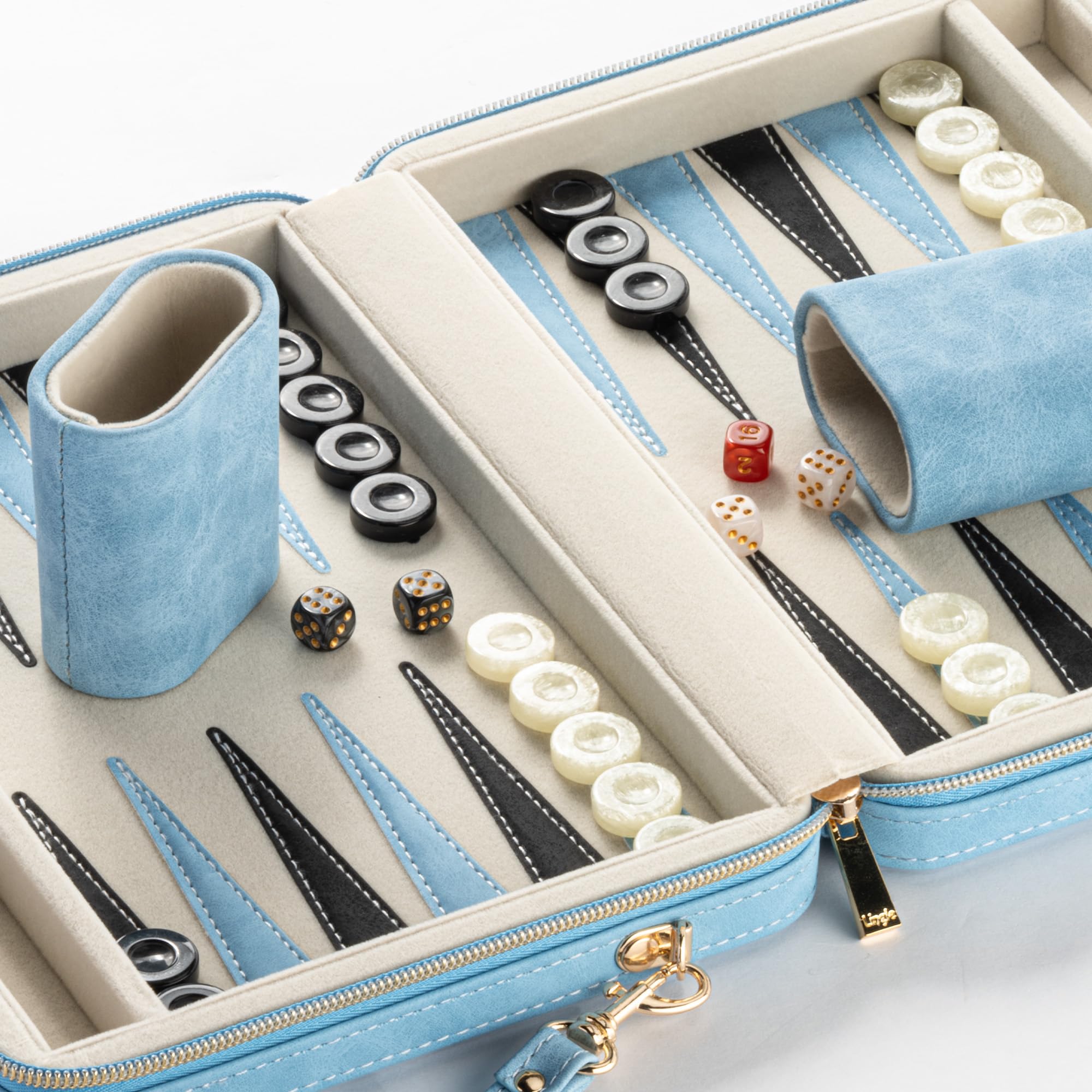 Gry w backgammon 23,9 cm dla dorosłych, klasyczna gra planszowa z składanym etui z syntetycznej skóry, przenośny zestaw do gry w backgammon (niebieski)