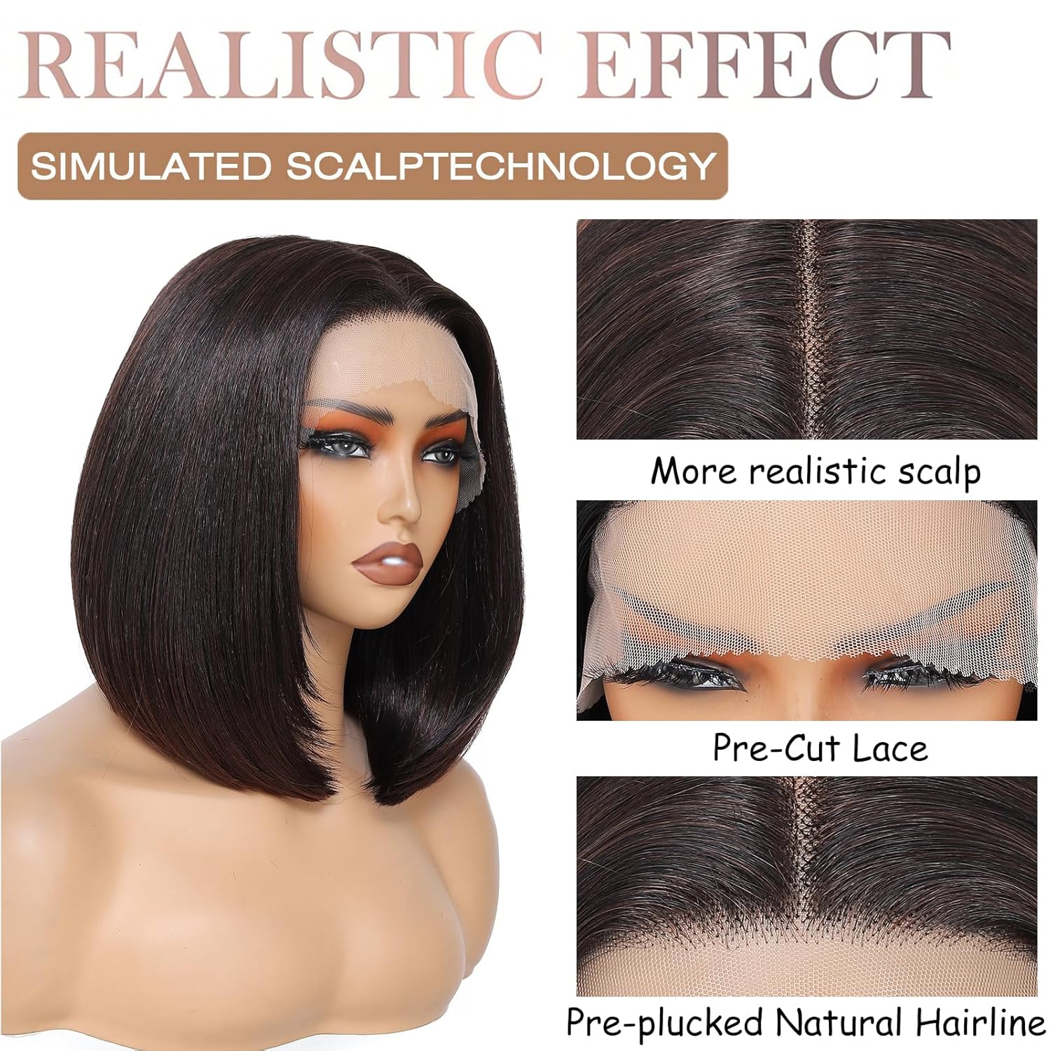Brown Straight Bob Wig for Women, Shoulder Length Lace Front Wig with Natural Middle Part Soft Silky Synthetic Wig Realistic Short Wig
