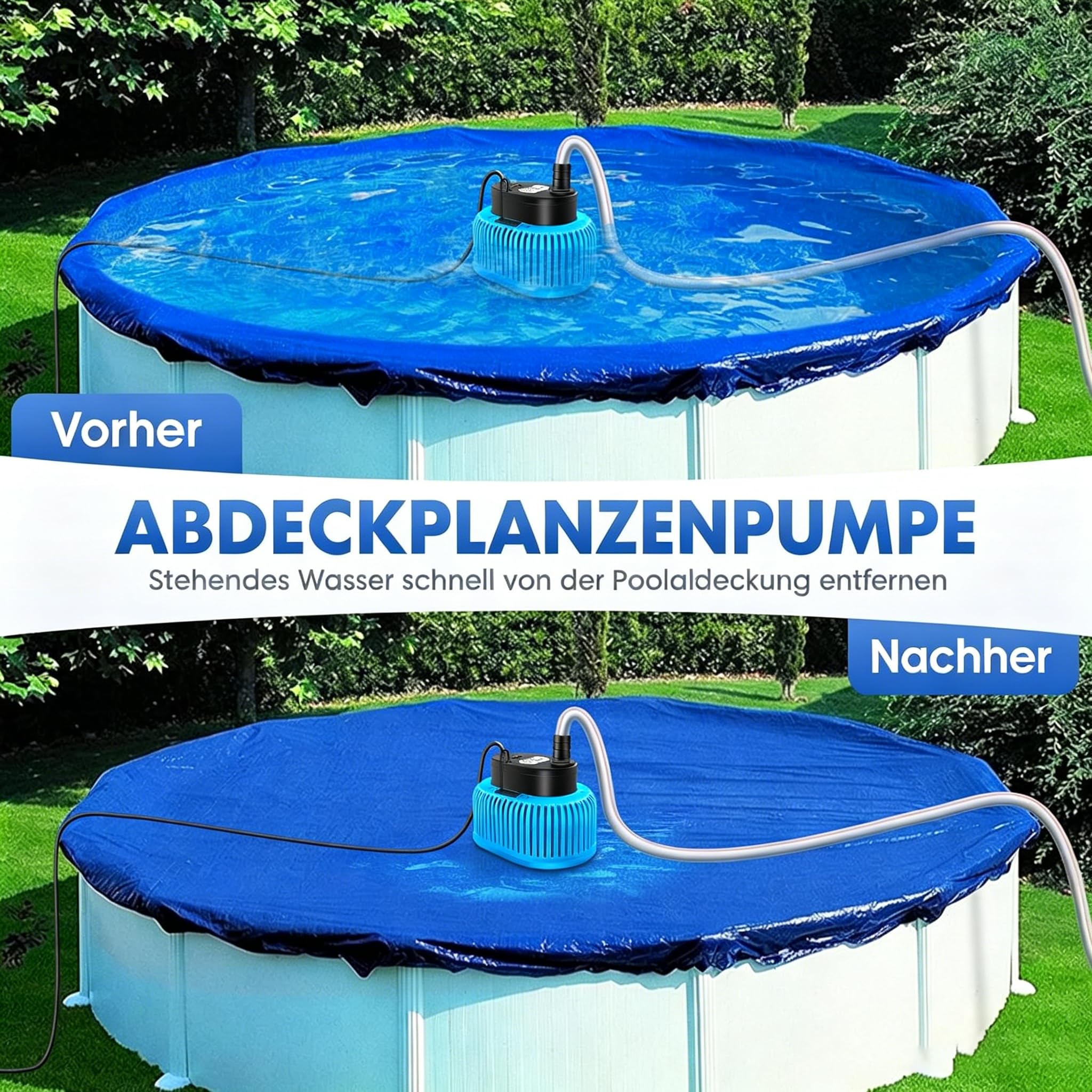 Pompe submersible, pompe submersible eau sale pompe à eau de pluie 75 W, capteur de niveau d'eau automatique, drainage pour piscine hors sol, 4 adaptateurs, tuyau de 4,9 m, câble de 7,6 m, max 3218 l