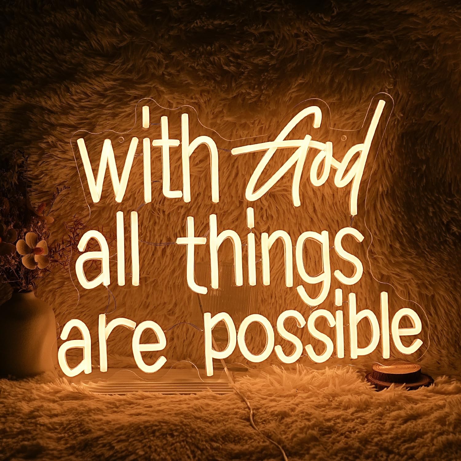 Neonowy znak "With God All Things Are Possible", jasna, ciepła biel, Bóg, neonowe światła LED, do dekoracji ścian, ściemniane, zasilanie USB, podświetlany bóg, neonowy znak świetlny do pokoju, na