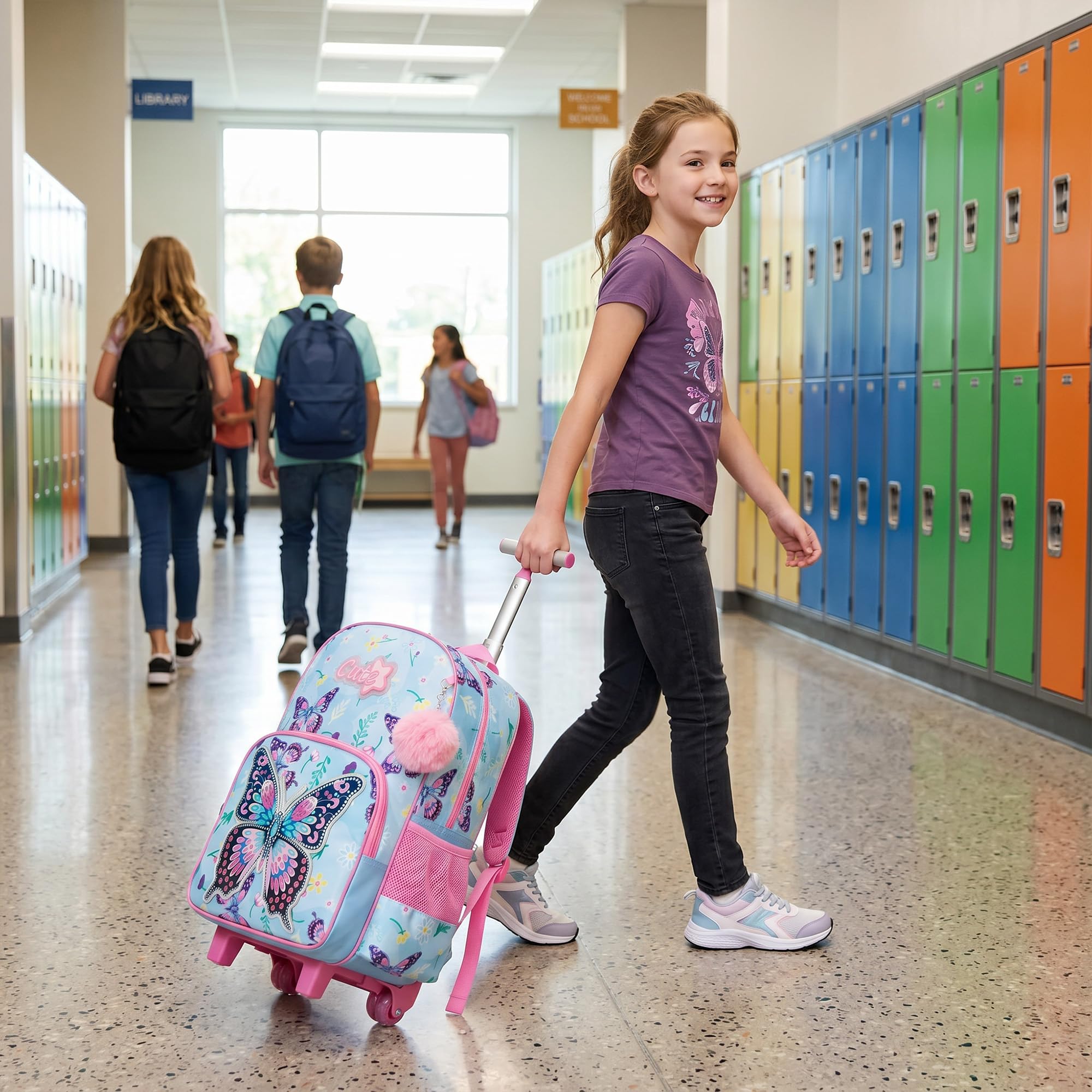 Meetbelify Sac à dos à roulettes pour enfants avec roulettes pour filles et garçons, sacs à dos à roulettes avec boîte à déjeuner pour élèves du primaire, 01 Papillon rose