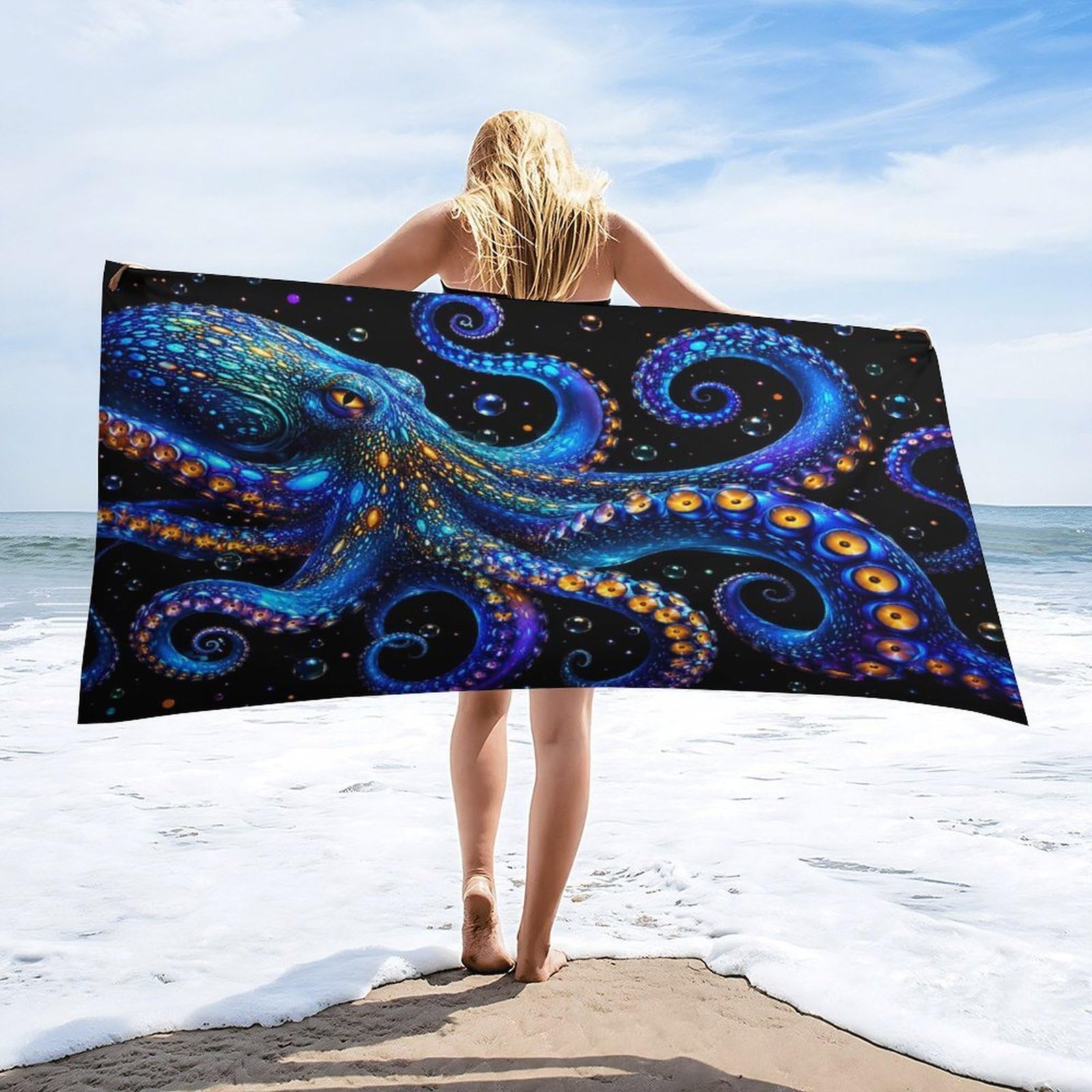 Anceky Blue Octopus with Glowing Eyes and Tentacles Beach Towel 32"×63",Soft Microfiber Bath Towel Shawl, Quick Dry Absorbent Pool Spa Gym Shower Towel