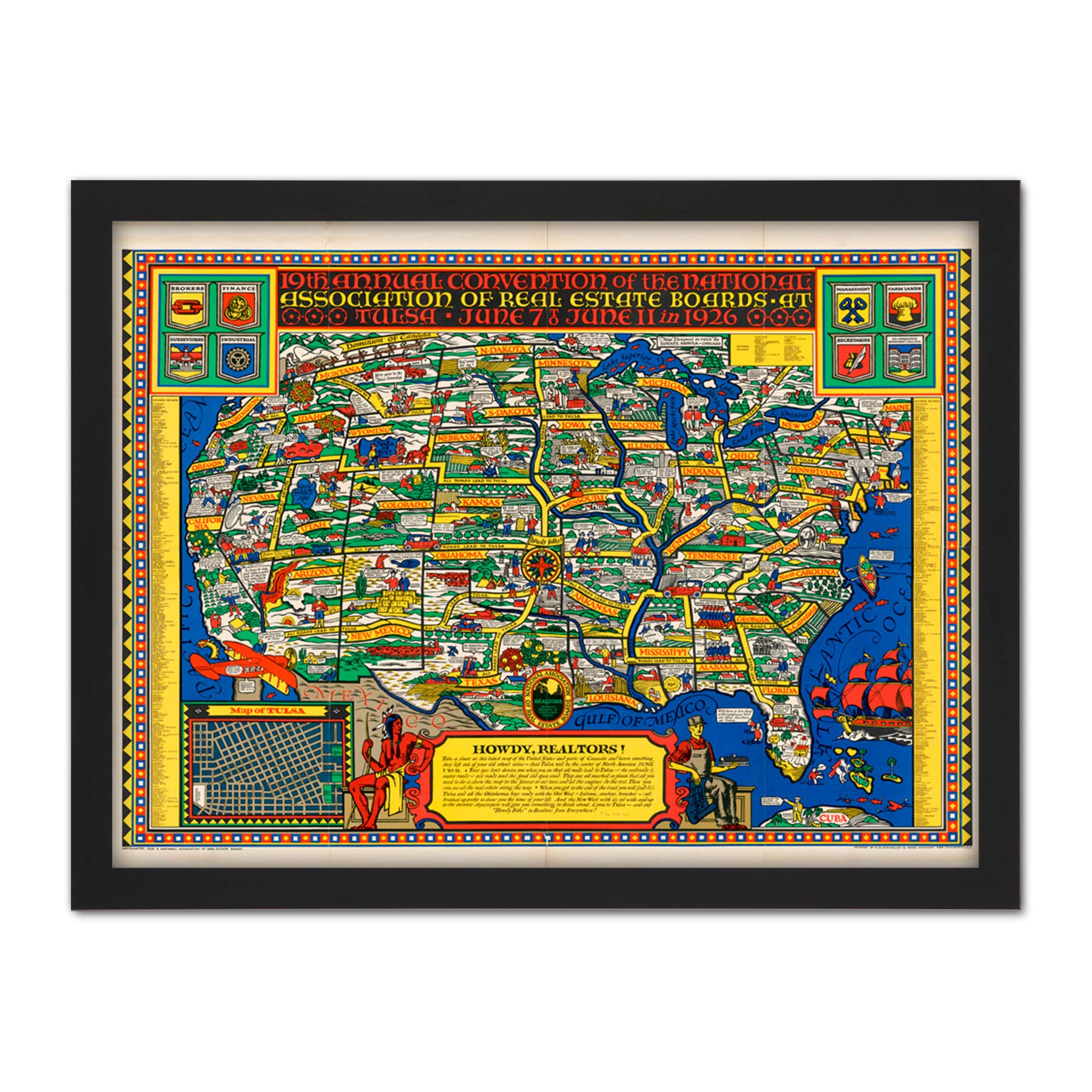 National Association Real Estate 1926 Map USA Artwork Framed Wall Art Print 18X24 Inch