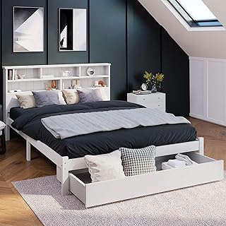 BTM Double Bed, Double Bed with Storage, Double Bed Frame with Headboard and Drawer, White Wooden Storage Double Bed, White Double Bed with Shelves- 4FT6 Double Bed Frame(135 x 190 cm)