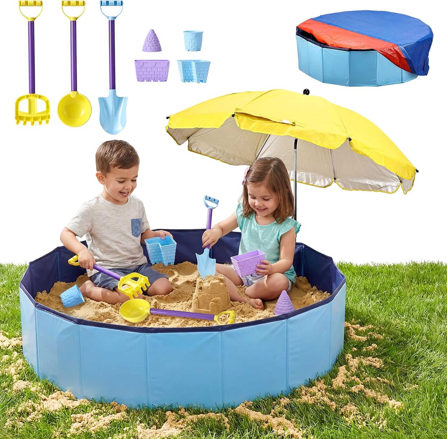 Large Sand Box Set with Lid Cover & Umbrella, Including 7Pcs Sand Toys for Kids Toddlers, 39Inch Big Portable Sandpit for Outdoor Indoor Backyard Patio Beach Dog, Hold up 200lbs Sand
