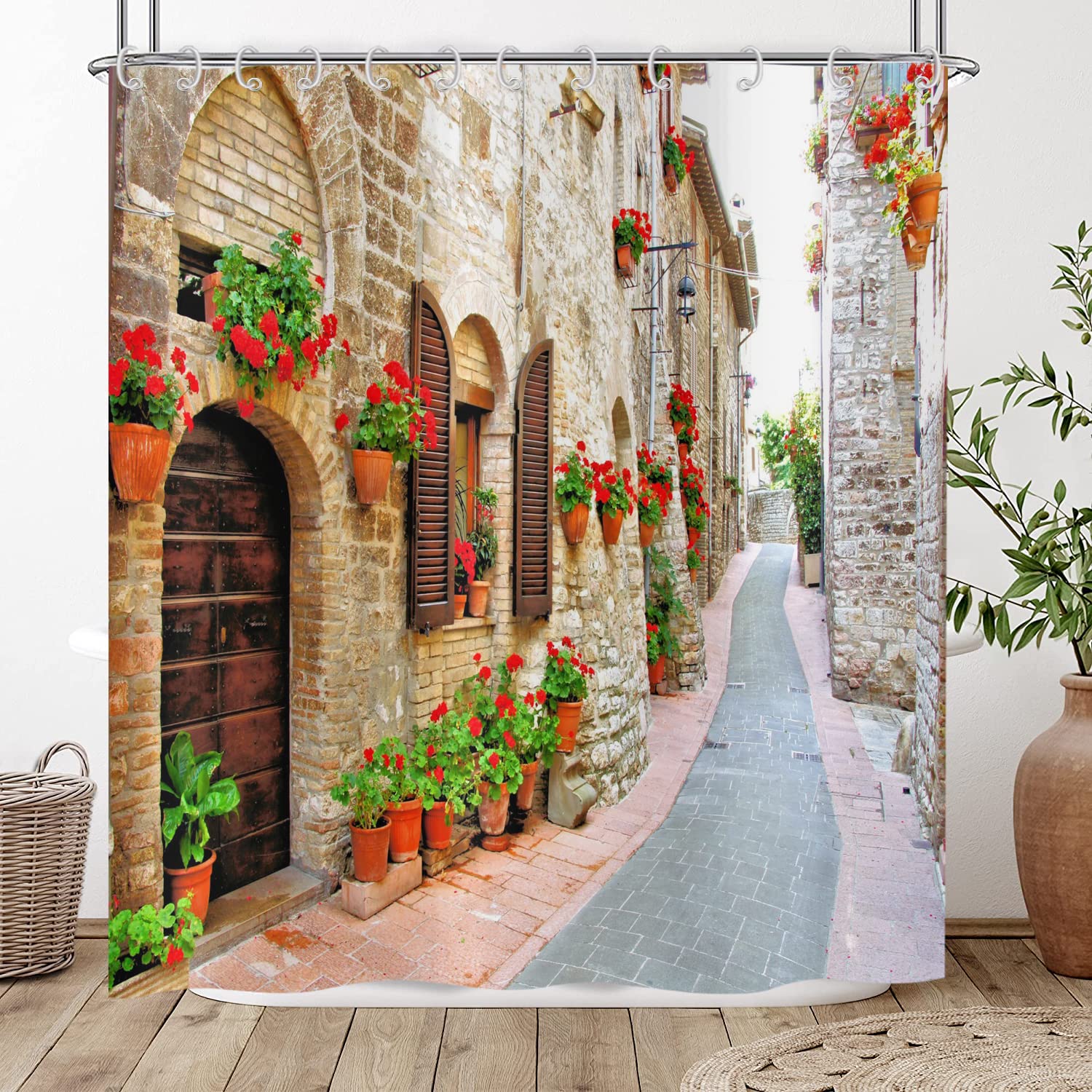 3D Shower Curtain 180x220, Hnmdmyi Garden Floral Scenery Street Alley Picture Shower Curtains Italy Outdoor Flowers View Bathroom Curtains Waterproof Polyester Fabric Washable Bath Curtains with Hooks