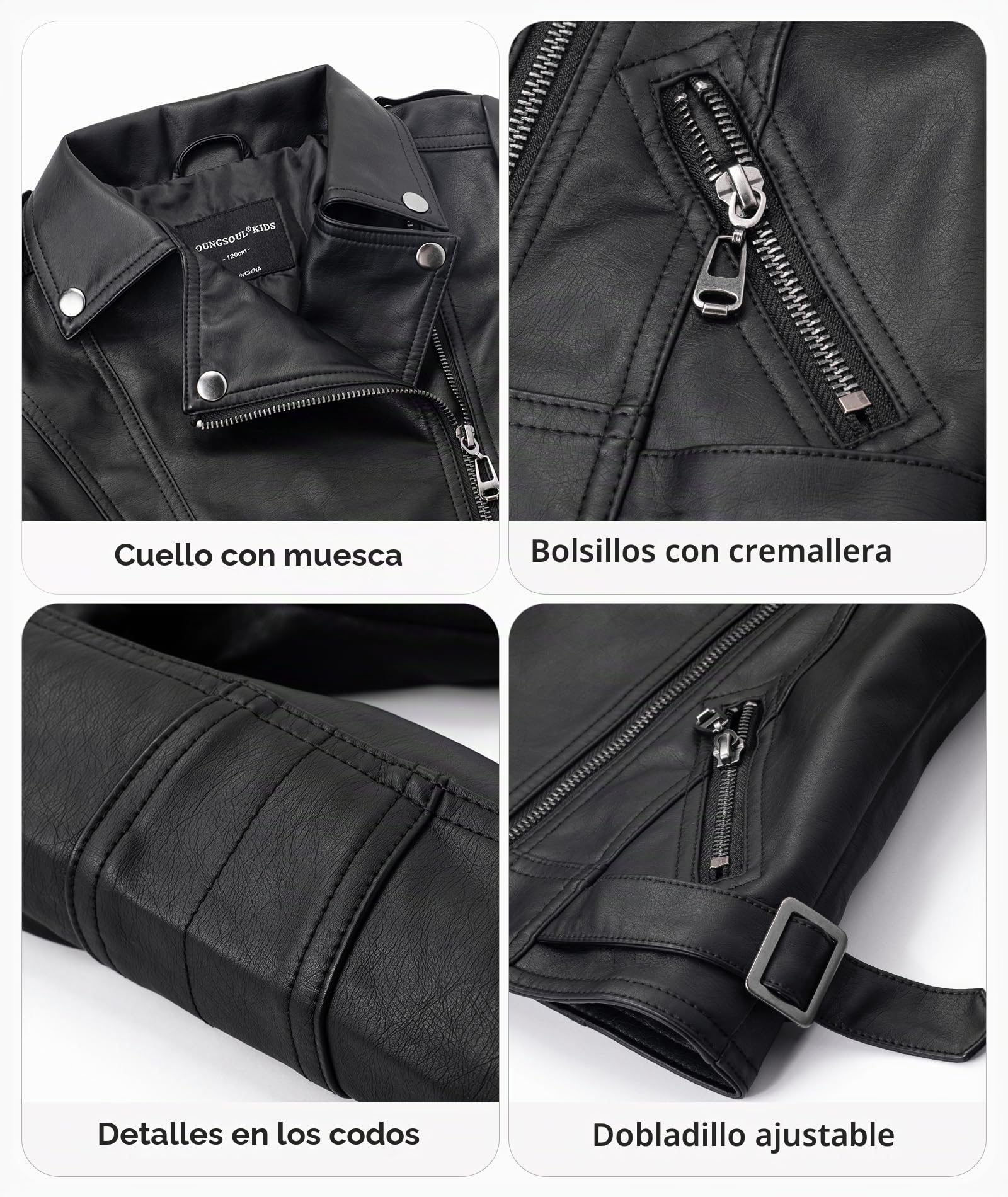 YoungSoul Chaqueta Biker Niño - Cazadora Motera Efecto Piel Niña - Abrigos Imitacion Cuero con Cremallera Primavera Otoño Negro 5-6 años/Tamaño 120