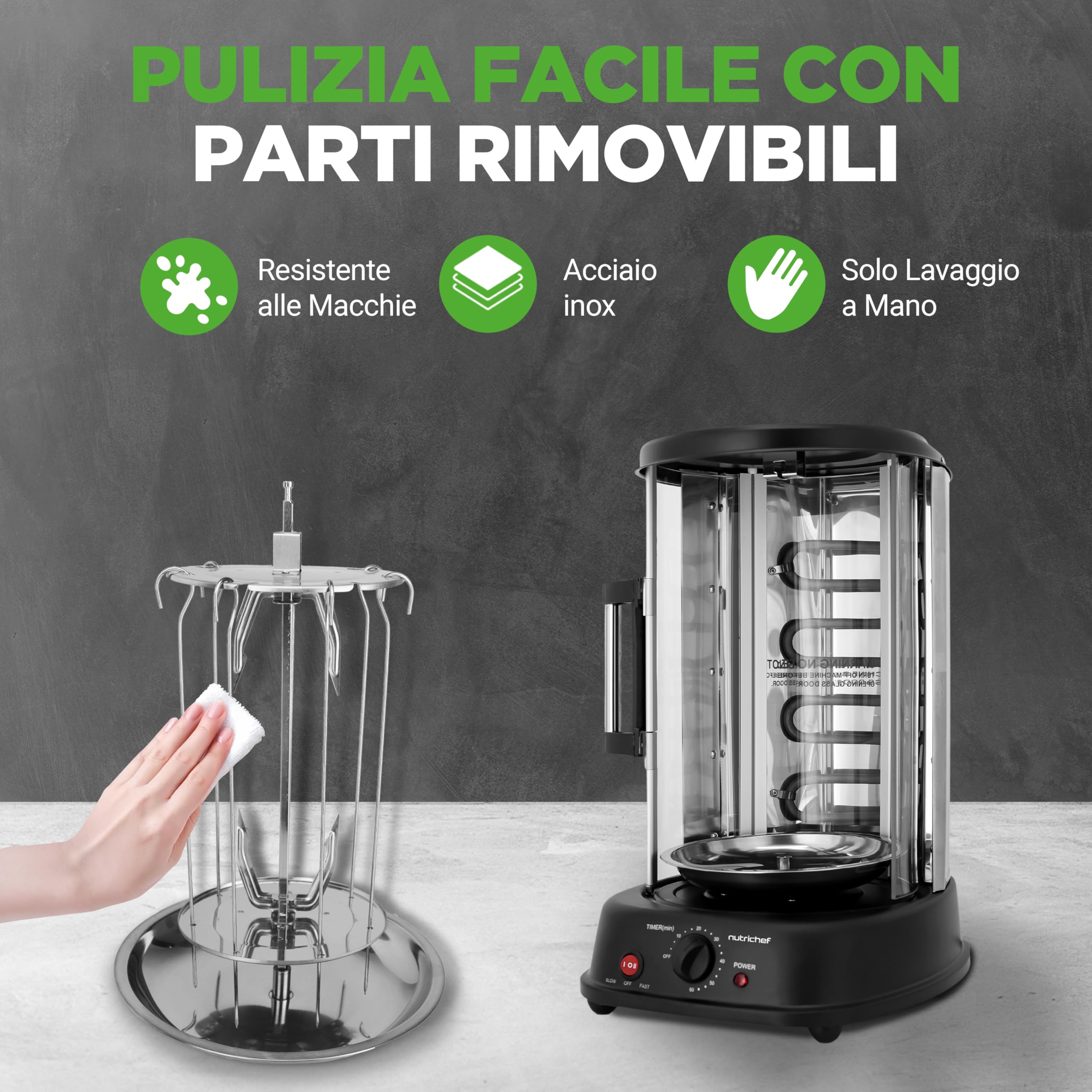 NutriChef Girarrosto Elettrico Forno Verticale 1500 Watt da Appoggio, per Kebab, Pollo Arrosto, Shawarma e Spiedini, con 7 Spiedi e Porta Resistente al Calore, per Casa e Cucina