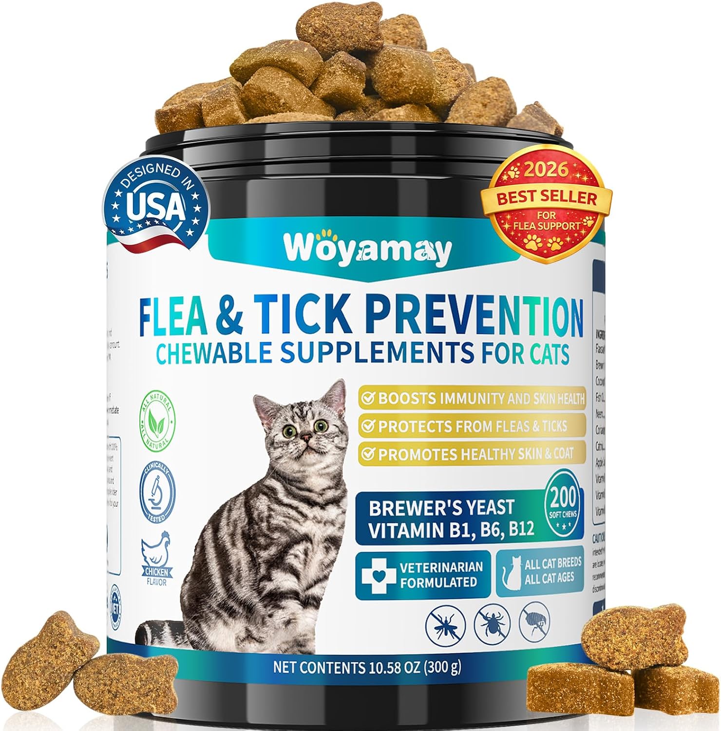 Woyamay Flea Treatment for Cats, 200 Treats Flea and Tick Prevention for Cats Chewables, Natural Cat Flea and Tick Treatment Chews Daily Oral Flea Supplement, Kitten Cat Flea Treatment, Chicken Flavor