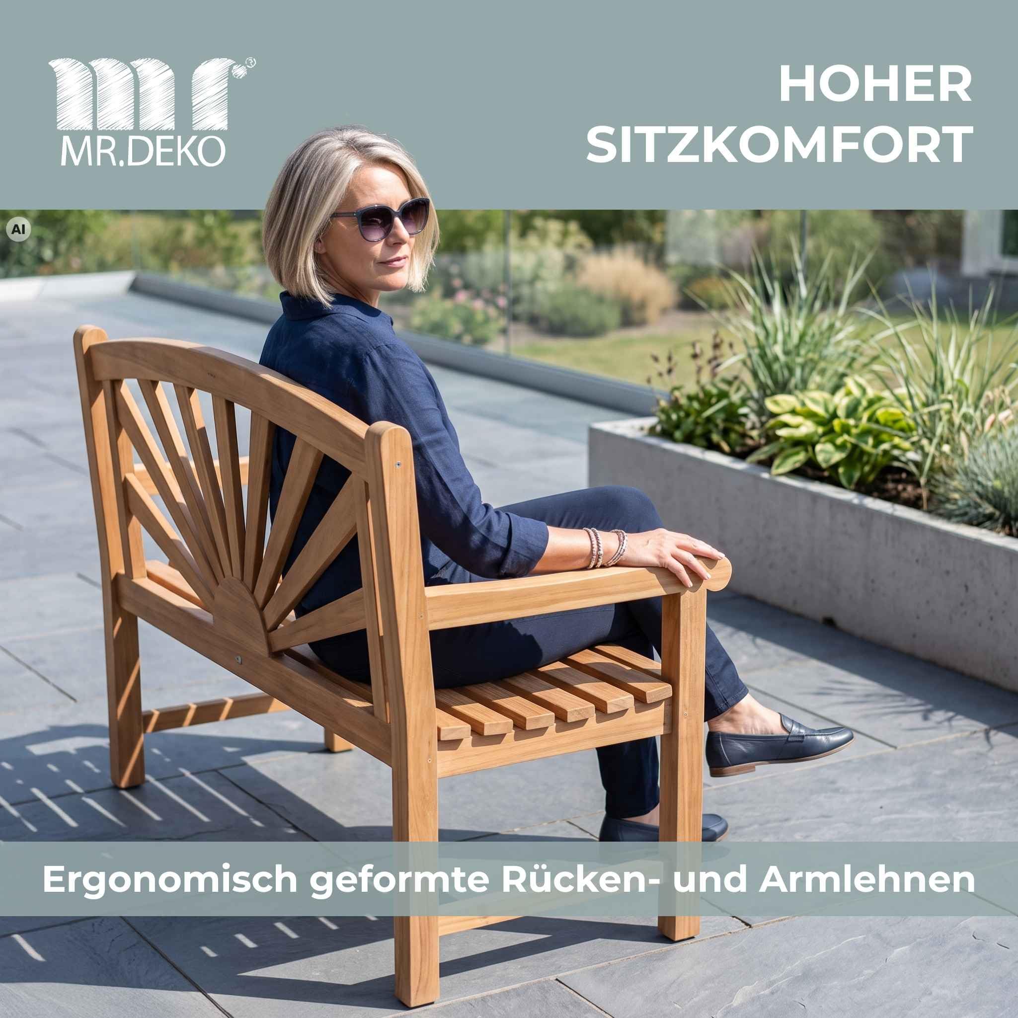 MR. DEKO® Gartenbank Motiv Teakholz | Holzbank mit Lehne | Friesenbank für draußen | 2-Sitzer 120x60x94 cm | Sitzbank Teak massiv & wetterfest Garten Balkon Terrasse | Parkbank zum Relaxen (Sonne)