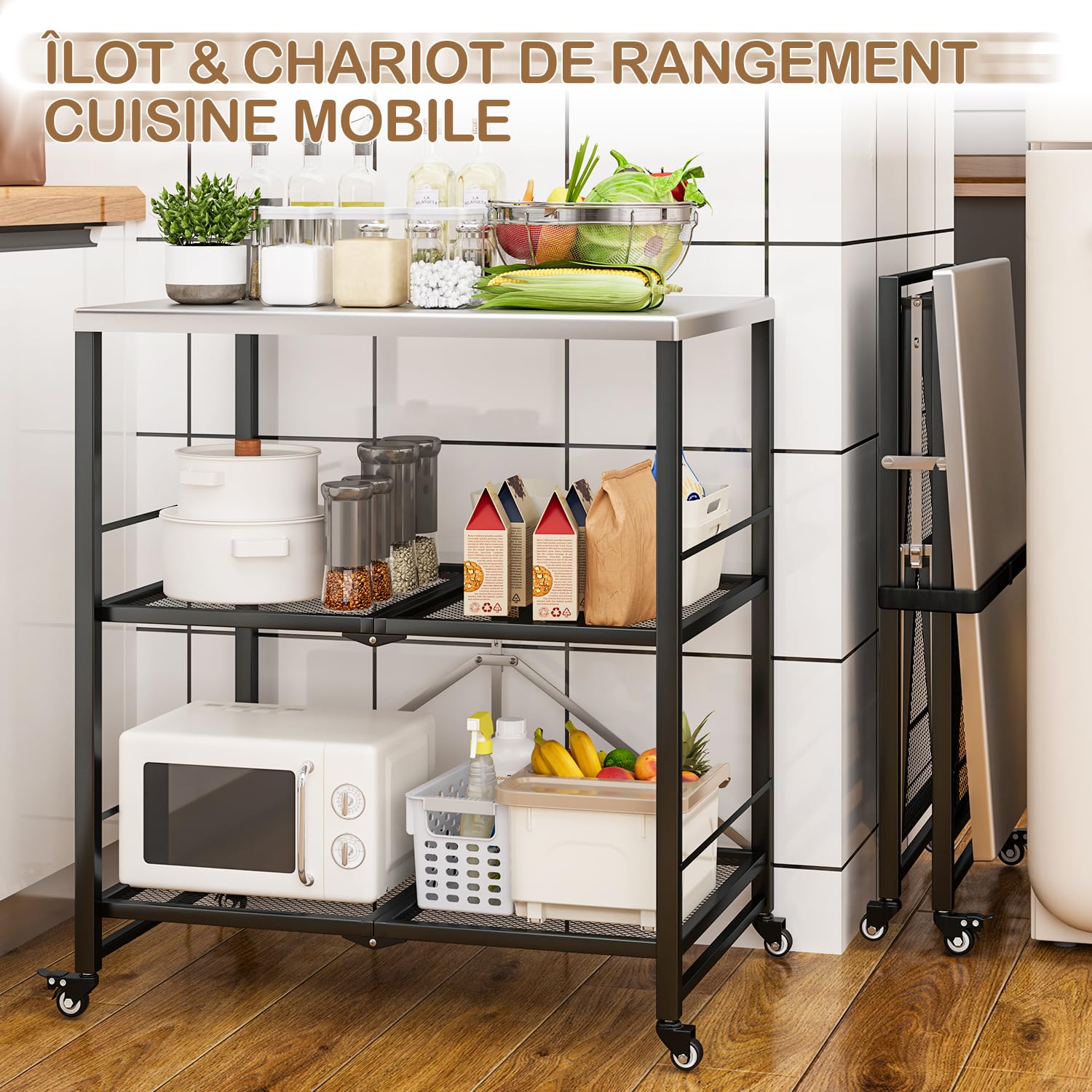 YODOLLA Desserte Plancha Exterieur,Desserte Jardin, Chariot de Barbecue 3 Niveaux,Table Pliable en Acier Inoxydable sur roulettes, Chariot de Repas Jardin et Support de BBQ Mobile, Argent