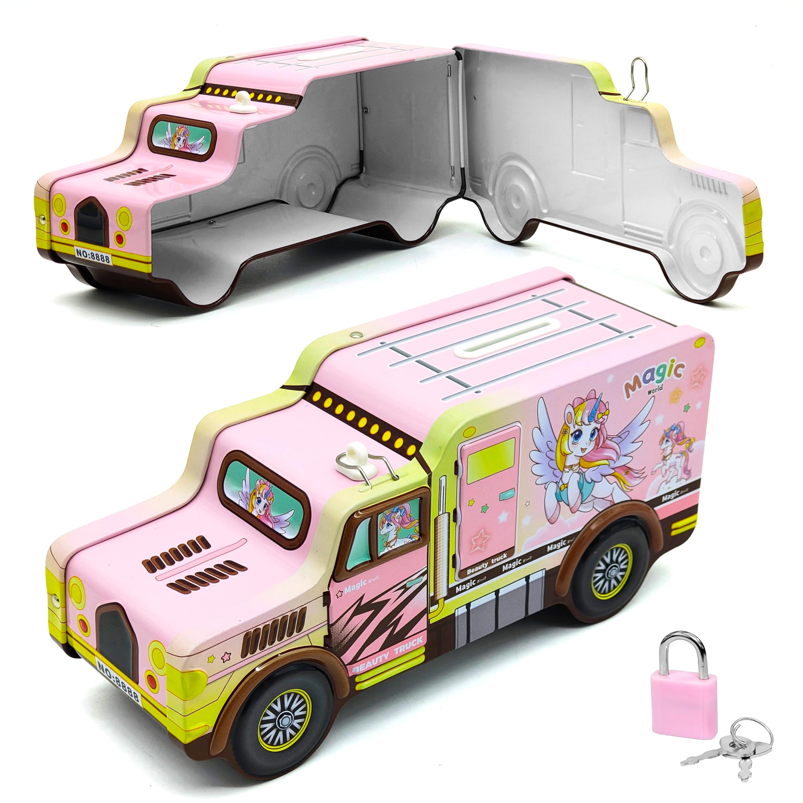 VGRASSP Unicorn Theme Metal Bus Piggy Bank Toy for Kids - Cute Money Safe with Lock and 2 Keys - Gullak Coin Box Gift for Boys and Girls - Color As Per Stock-image-12