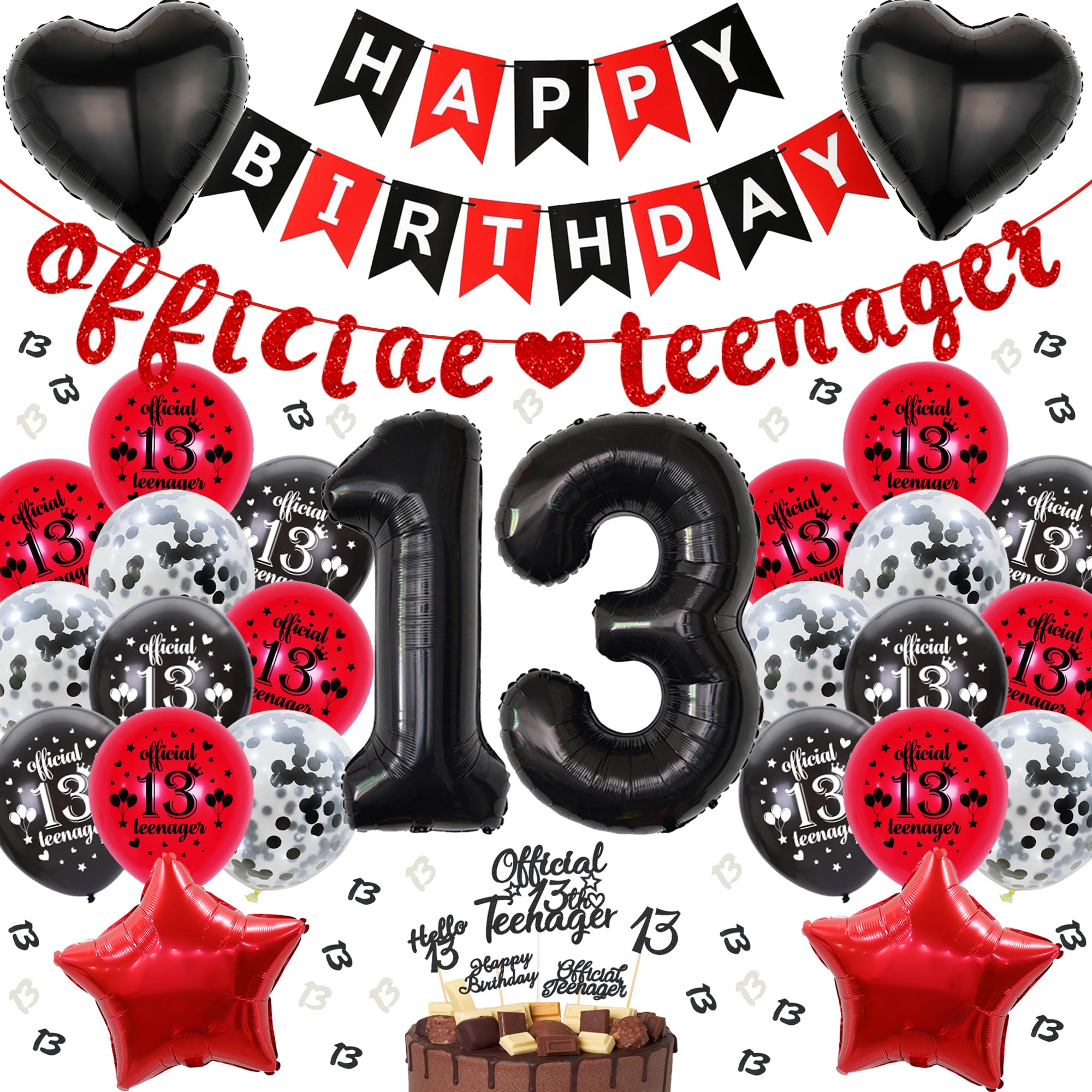 Offizielle Teenager 13. Geburtstag Dekoration - 66 Stück 13 Jahre Mädchen Geburtstagsdeko Schwarz Rot Ballons Stern Folienballon Happy Birthday Banner Tortendeko Topper für Jungen 13. Geburtstag Deko