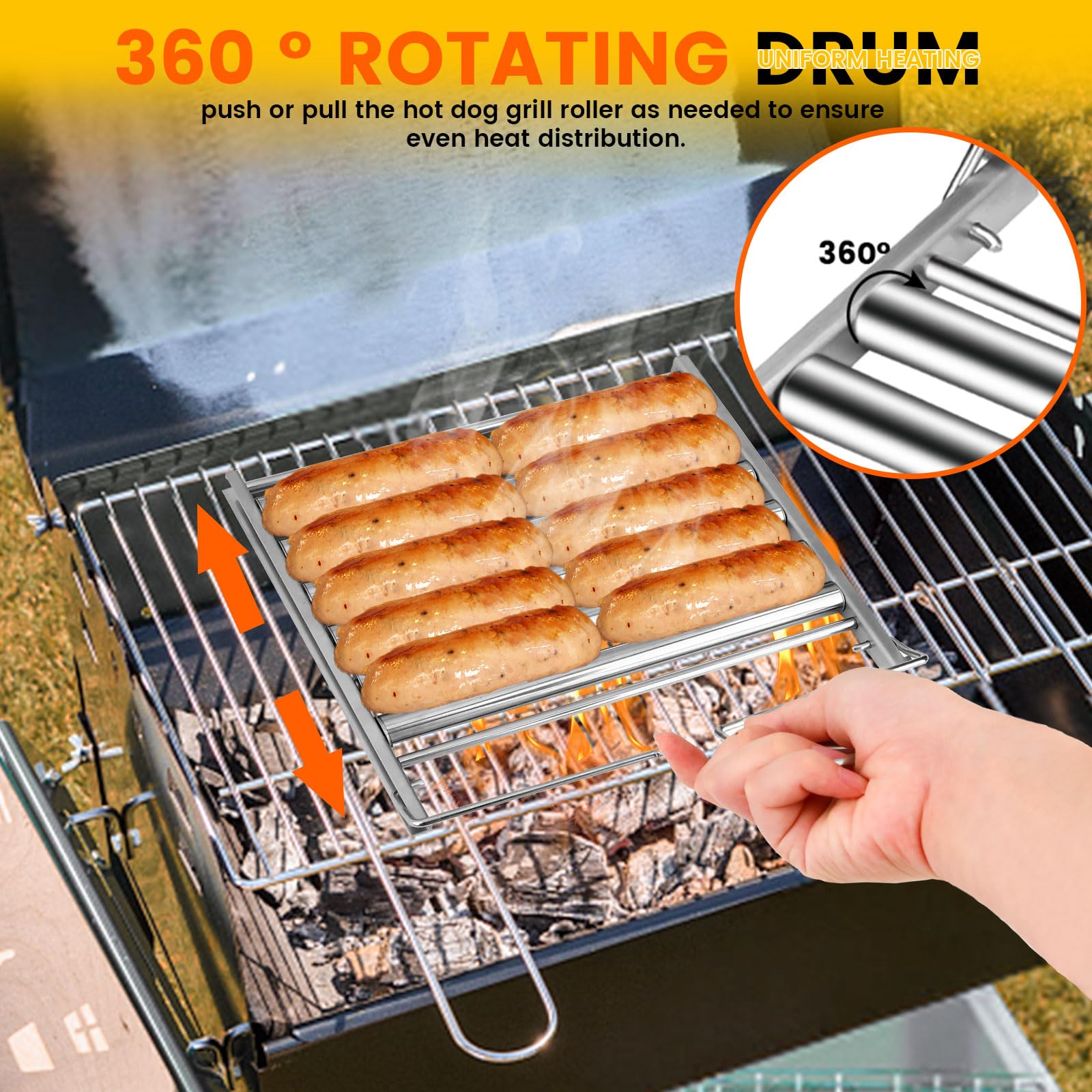 LELE LIFE Hot Dog Roller für Grill, Groß 24 x 20,5 cm Gleichmäßig Kochen Hotdog Roller Edelstahl Wurst Mais Roller Rack mit Faltbarem Griff für BBQ Outdoor Camping