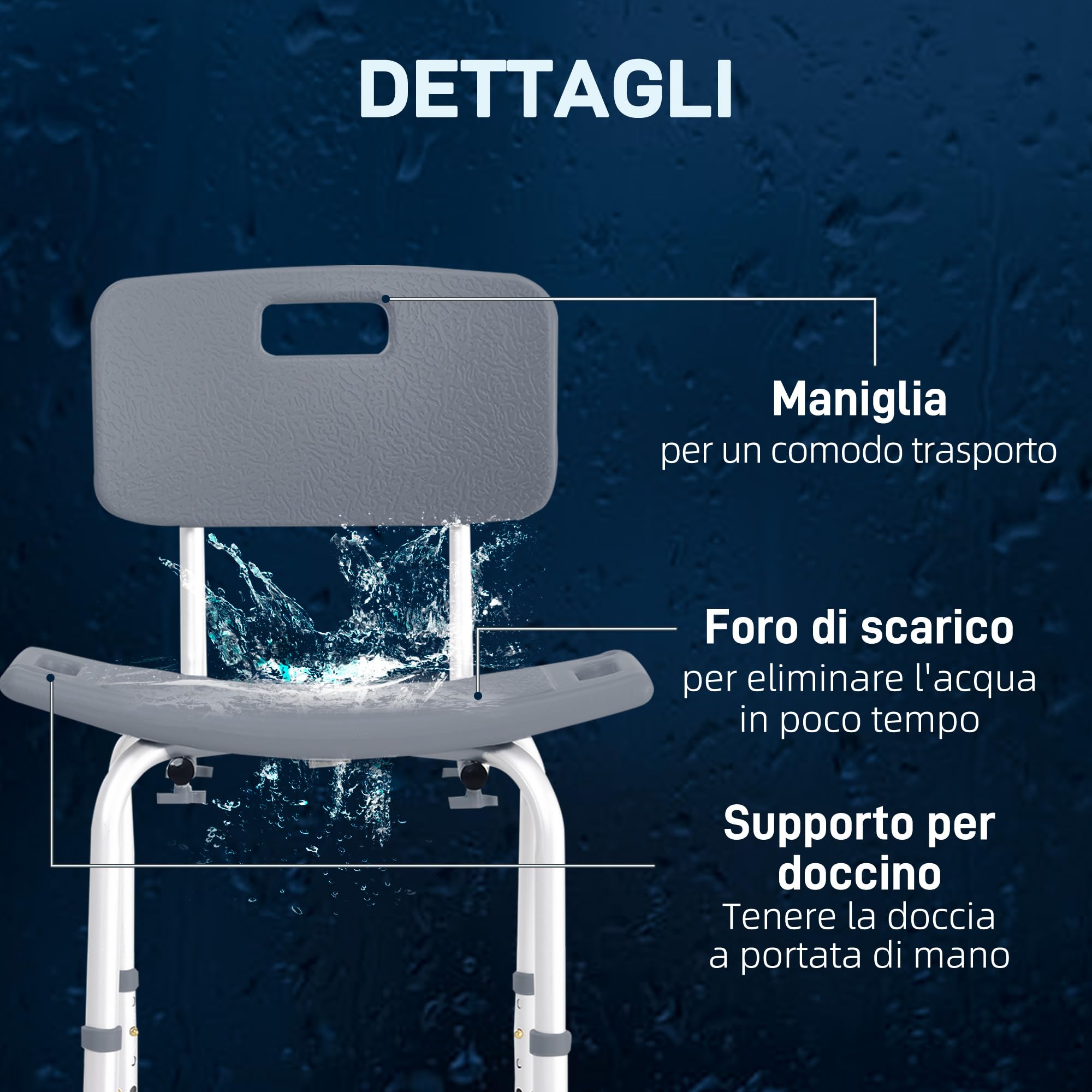 HOMCOM Sedia da Doccia per Bagno in Alluminio e Plastica Altezza Regolabile 8 Livelli 71-88cm Piedini Antiscivolo