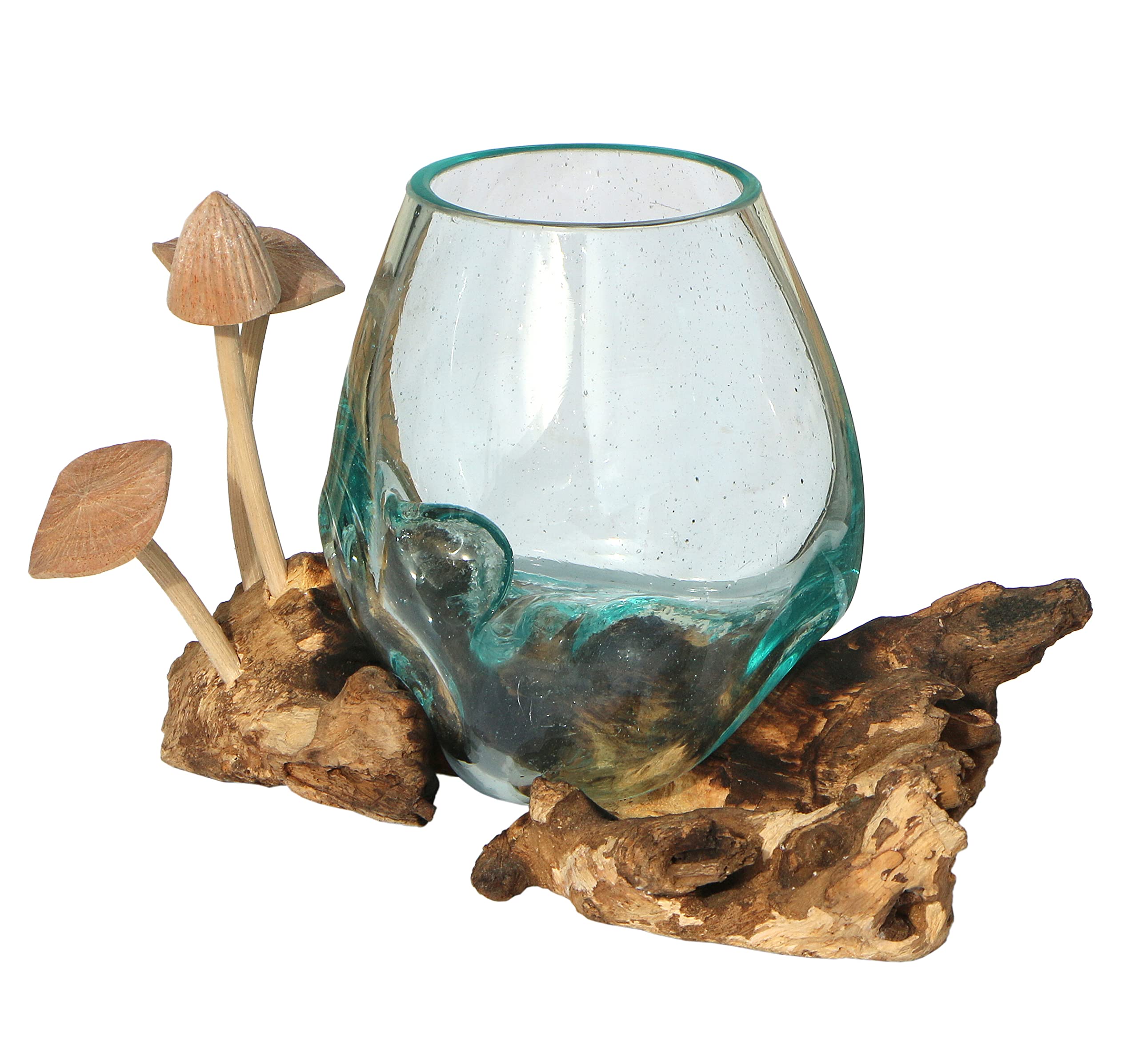 Vase design en verre avec champignons sur bois de racine – Vase à fleurs ou verre décoratif comme idée cadeau pour un anniversaire, Noël