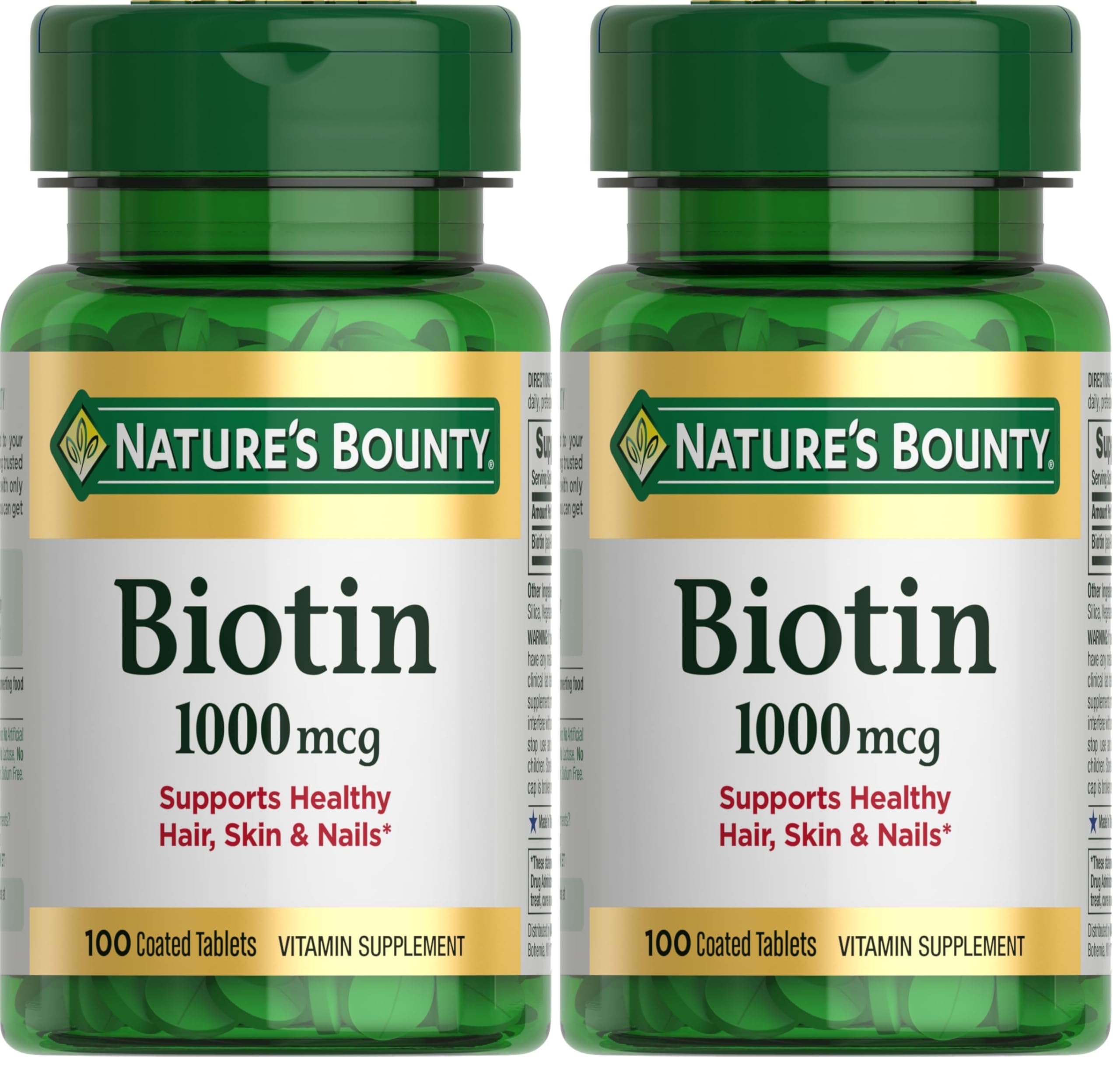 Nature's Bounty Biotin, Supports Metabolism for Energy and Healthy Hair, Skin, and Nails, 1000 mcg, 100 Tablets (Pack of 2) 100 Count (Pack of 2)