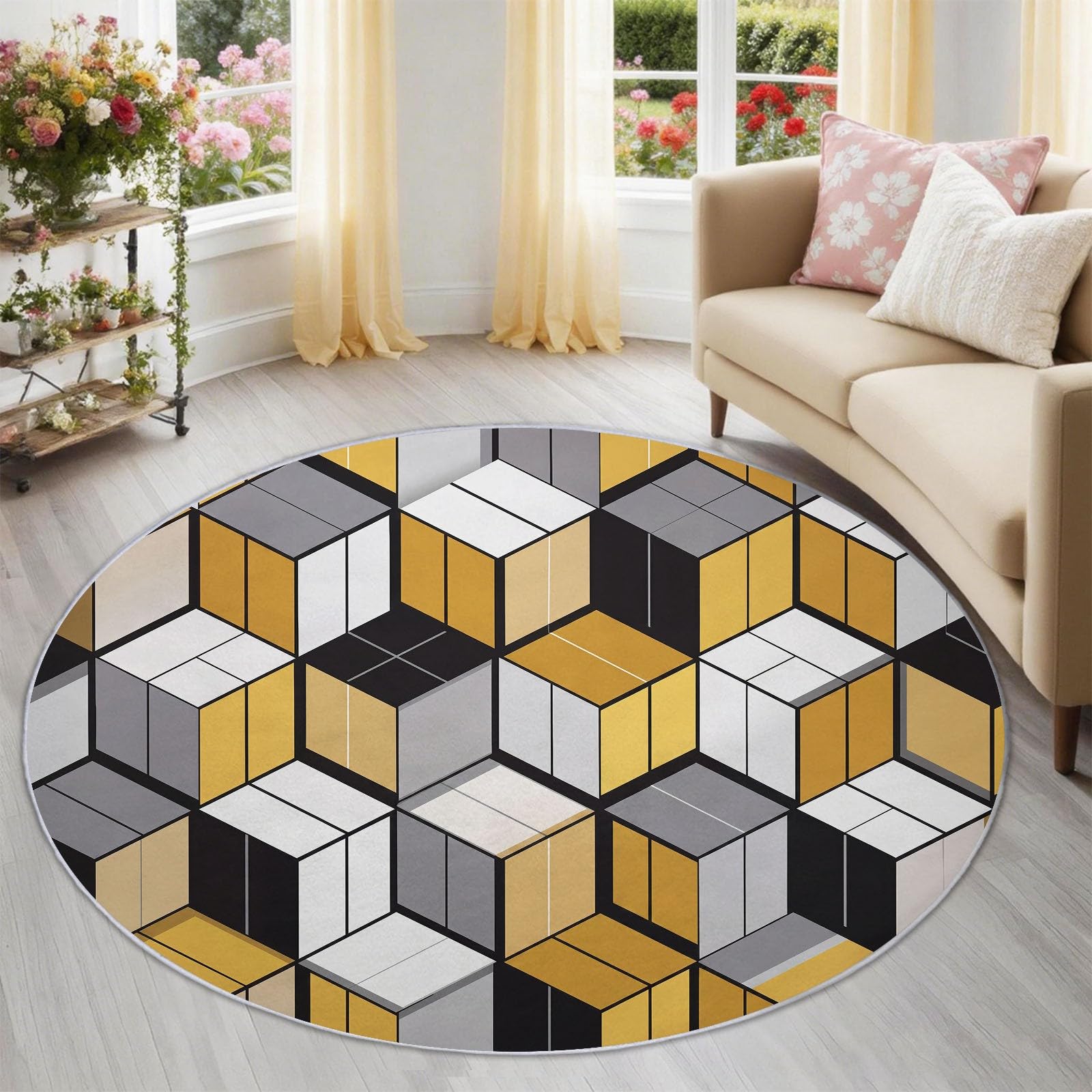 Tapis rond lavable en machine antidérapant 120 cm à motif chevron jaune