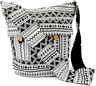 Crafts of India geometrical design Black and white Large Boho Crossbody handmade Sling Shoulder Bag