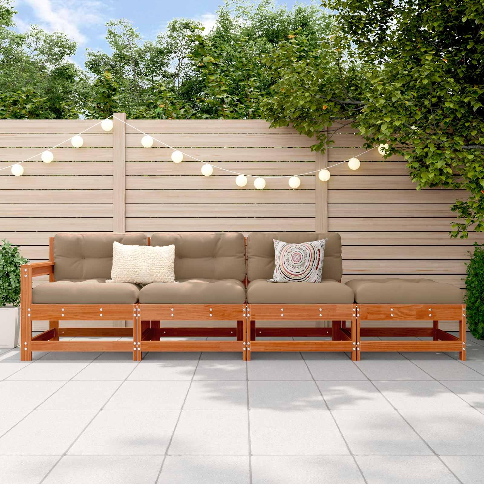 Unidad de sofá de madera de pino, color marrón cera, 252 x 62 x 70,5 cm | Diseño modular, patas cuadradas, para jardín y terraza, robusto y estable