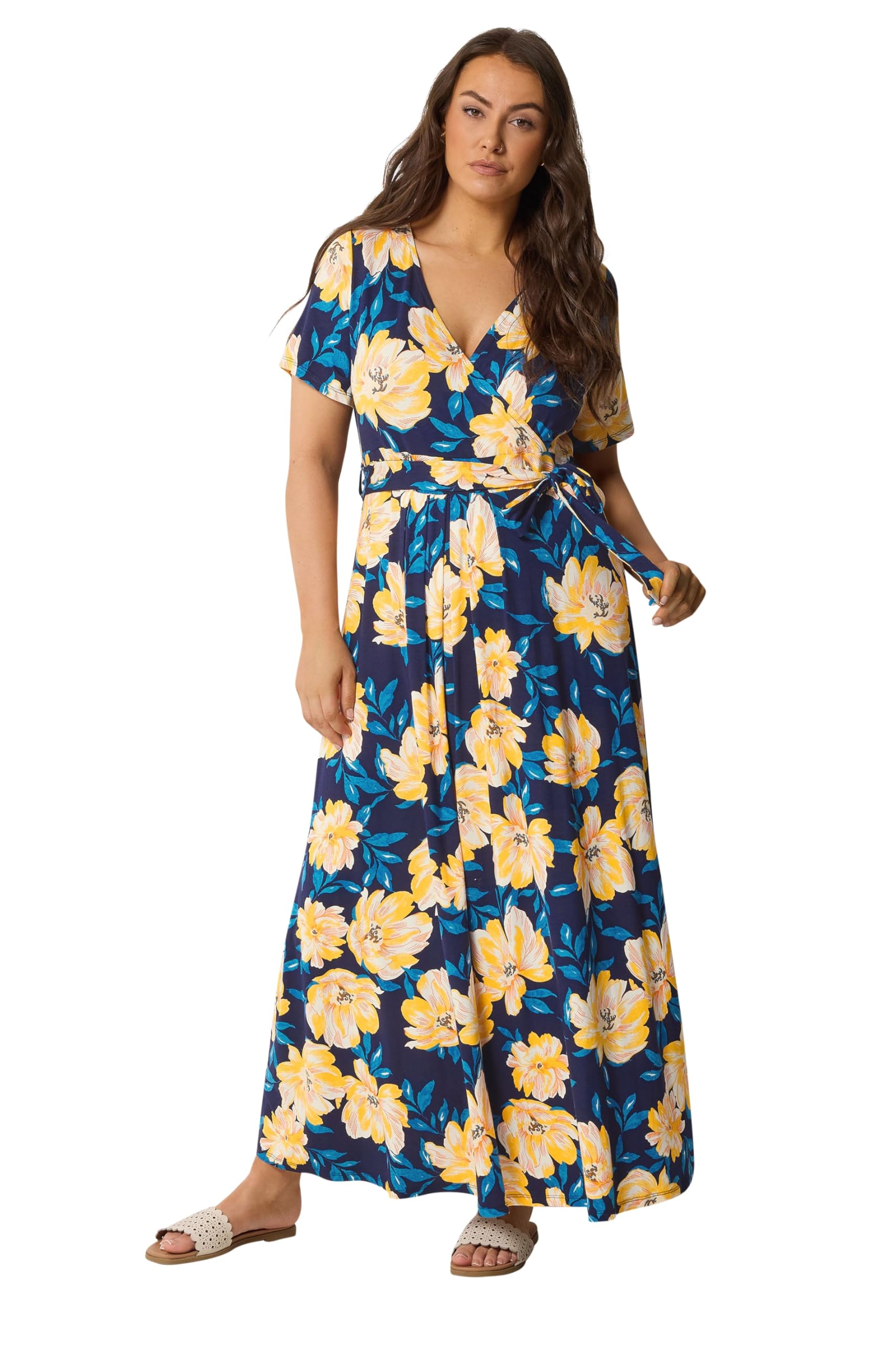 Yours Curve Blue Floral Wrap Front Dress - Women's - Plus Size Curve