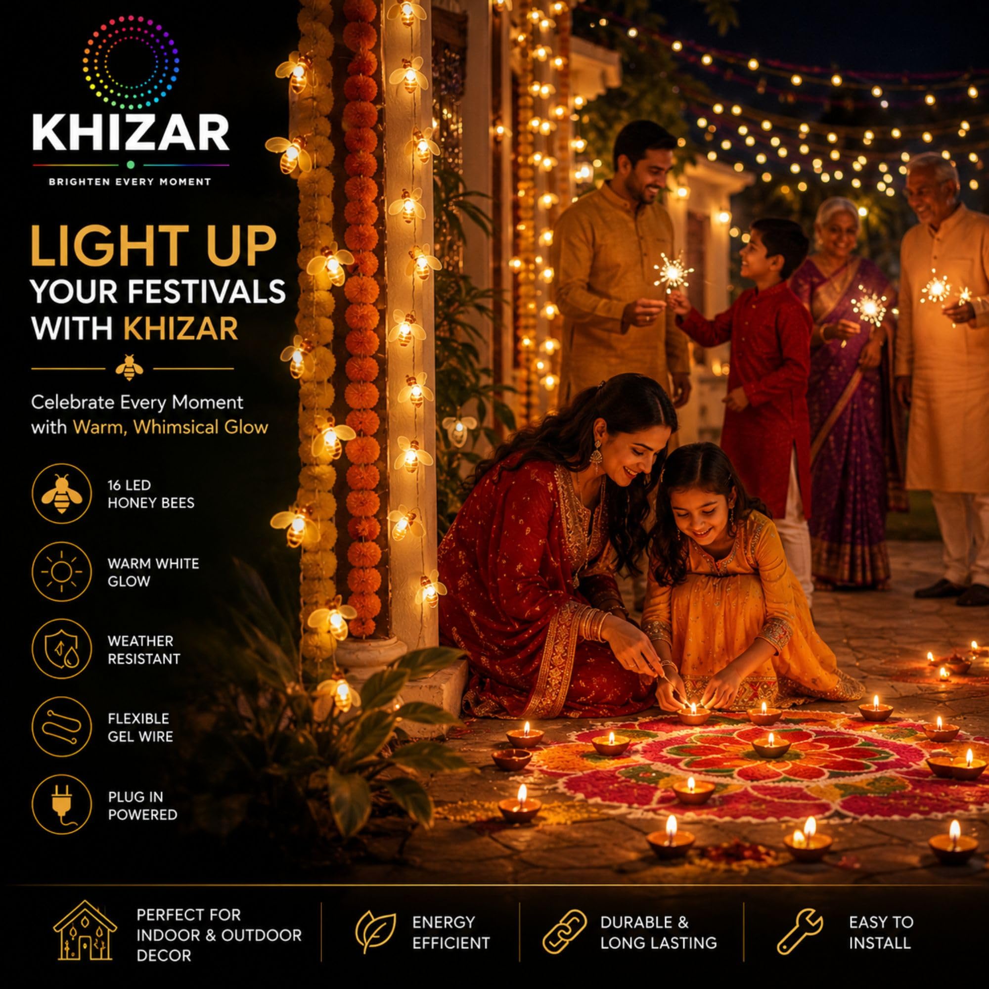 KHIZAR 16 LED Honey Bee String Lights Plug in, Warm White Decorative Fairy Lights for Bedroom, Balcony, Wall, Garden, Diwali, Christmas, Wedding, Party & Home Decor, Flexible Gel Wire (3 METRE) 2