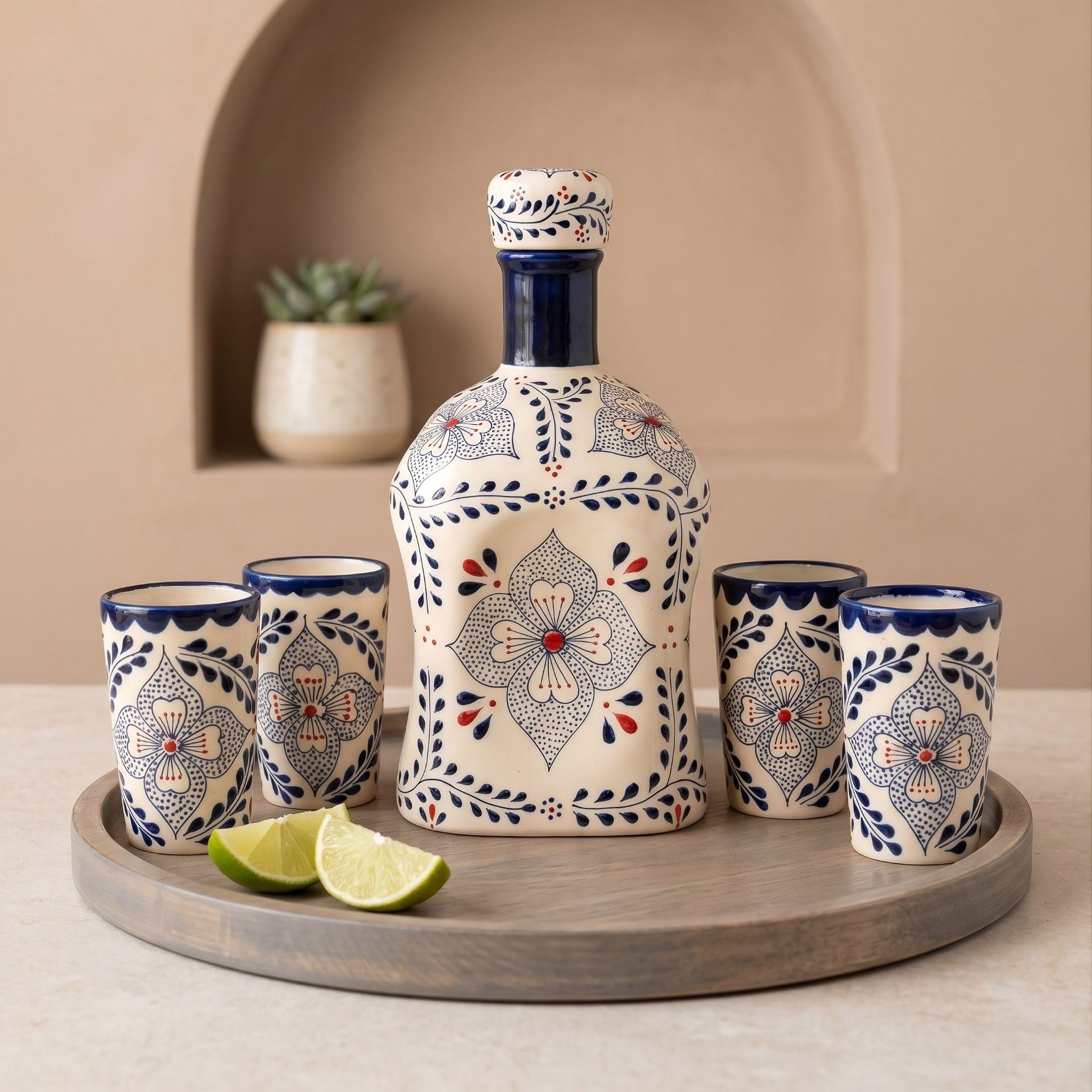 Tequila Decanter Set with 4 Shot Glasses, Handmade in Mexico | Hand-painted Talavera tequila gift set includes ceramic decanter & 4 tequila shot glasses for sipping, tastings or decor