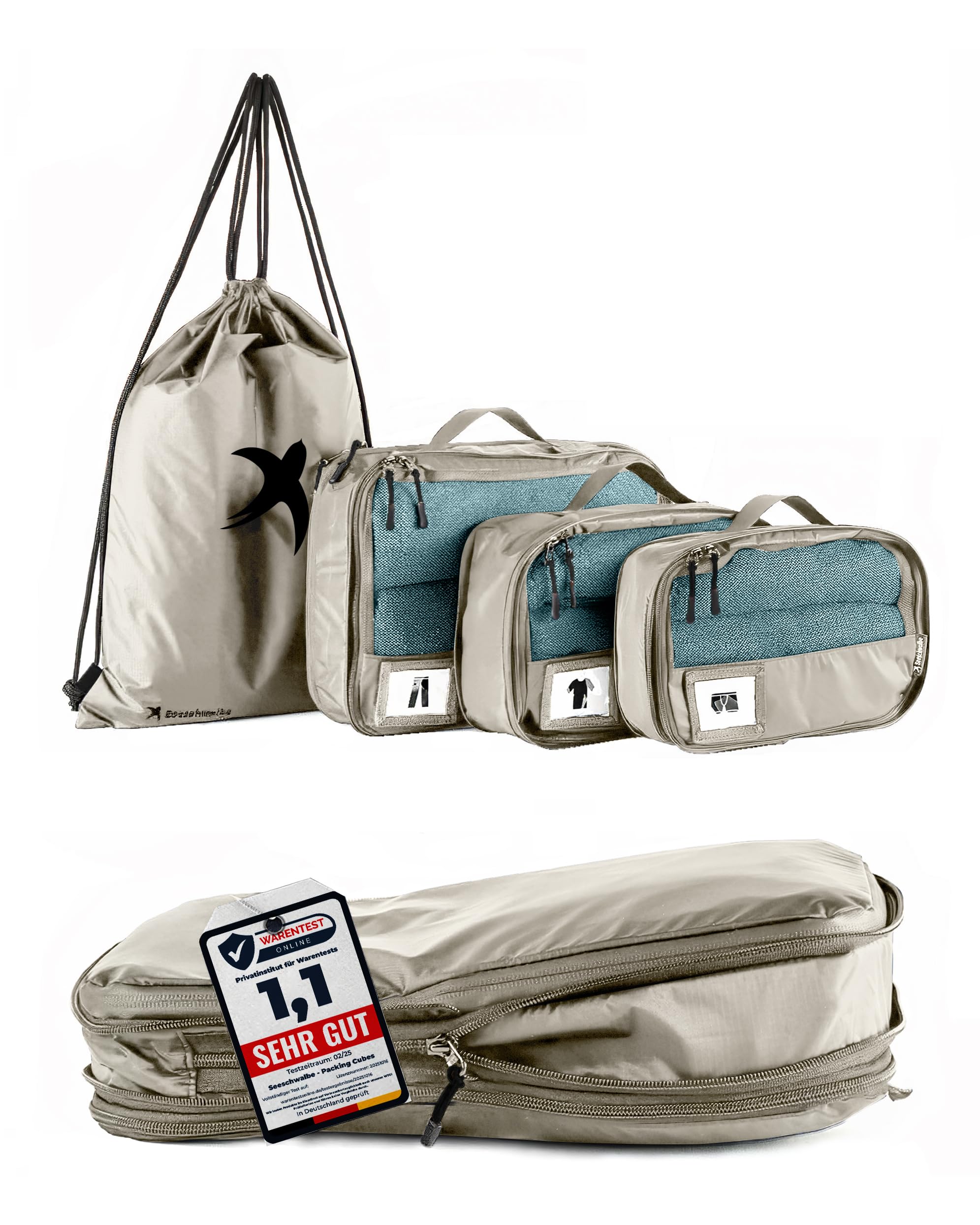 SEESCHWALBE Packwürfel Set mit Kompression | Packing Cubes | Packtaschen Set für Rucksack & Koffer | Extra leichte Kleidertaschen (4-teilig, beige)