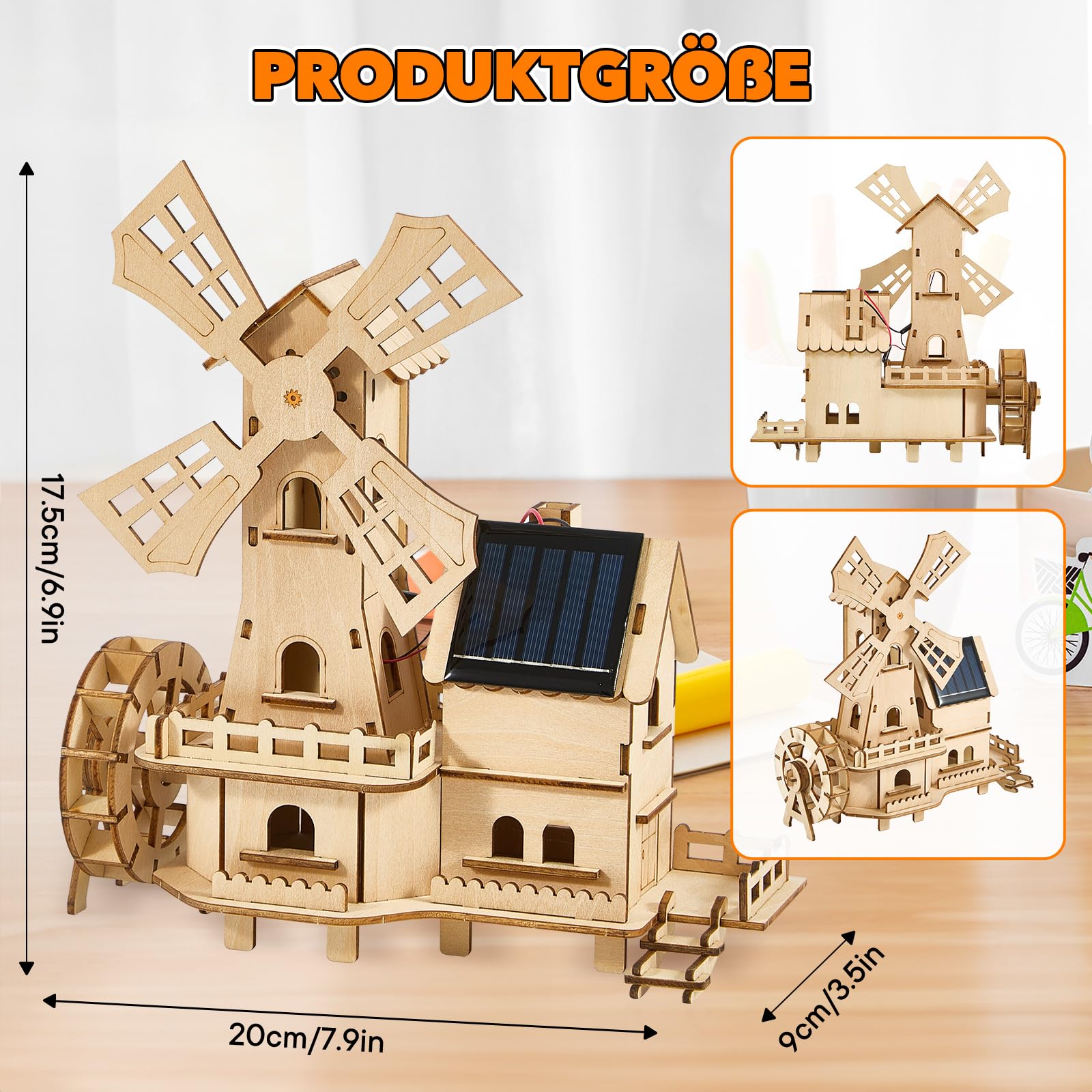 Puzzle solaire 3D en bois - Kit de construction à monter soi-même sans outil - Roue à eau - Kit de construction de moulin à vent hollandais - Expériences de menthe pour enfants de 8 à 15 ans et