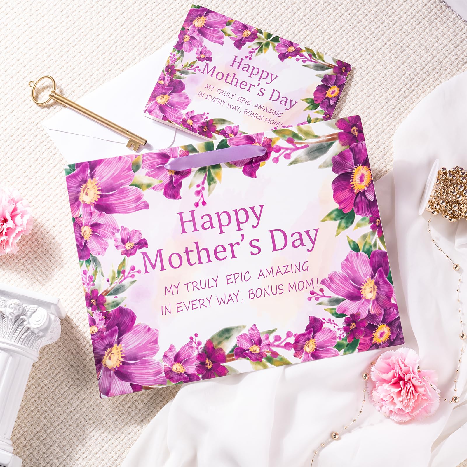 LeZakaa Muttertags-Geschenktüte – Violette Floraltüte 33 Cm Mit Seidenpapier, Karte & Anhänger, Goldfolien-Design