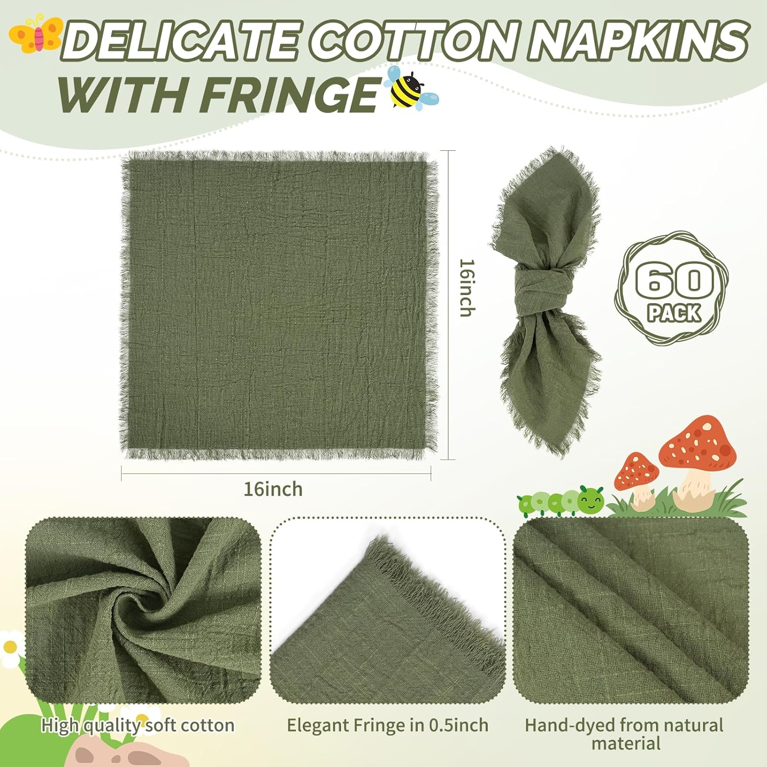 Showgeous 60 Pack Olive Green Cloth Napkins with Fringe 16x16 inch 100% Cotton Green Napkins Handmade Dinner Napkins Bulk Washable Soft Rustic Table Napkins for Wedding Parties Bridal Baby Shower