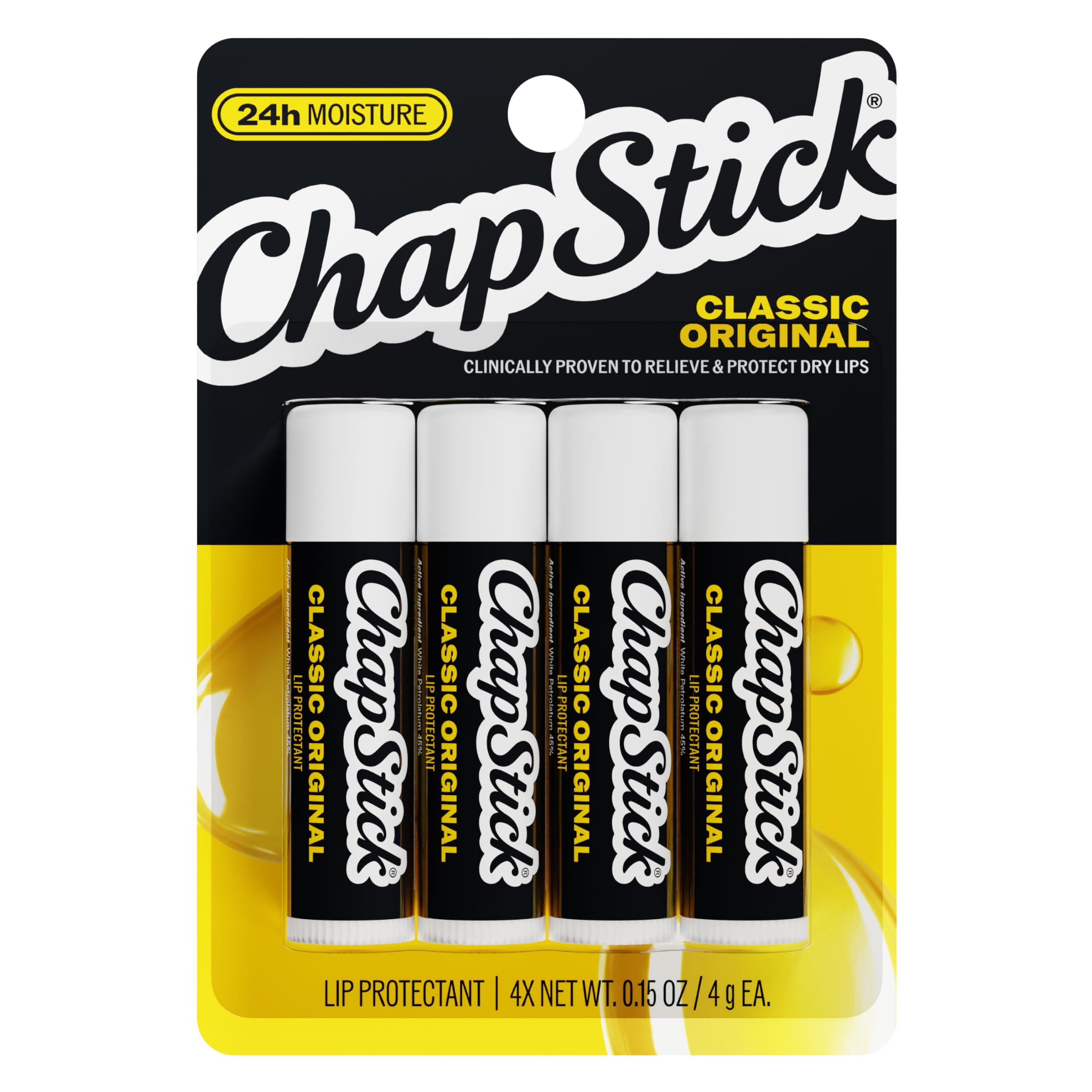 ChapStick Classic Original Lip Balm Sticks with 24 Hour Moisture, 4-Pack | 0.15 oz Each, Clinically Proven Lip Care that Provides Ultimate Hydration to Prevent Chapping and Relieves Dryness