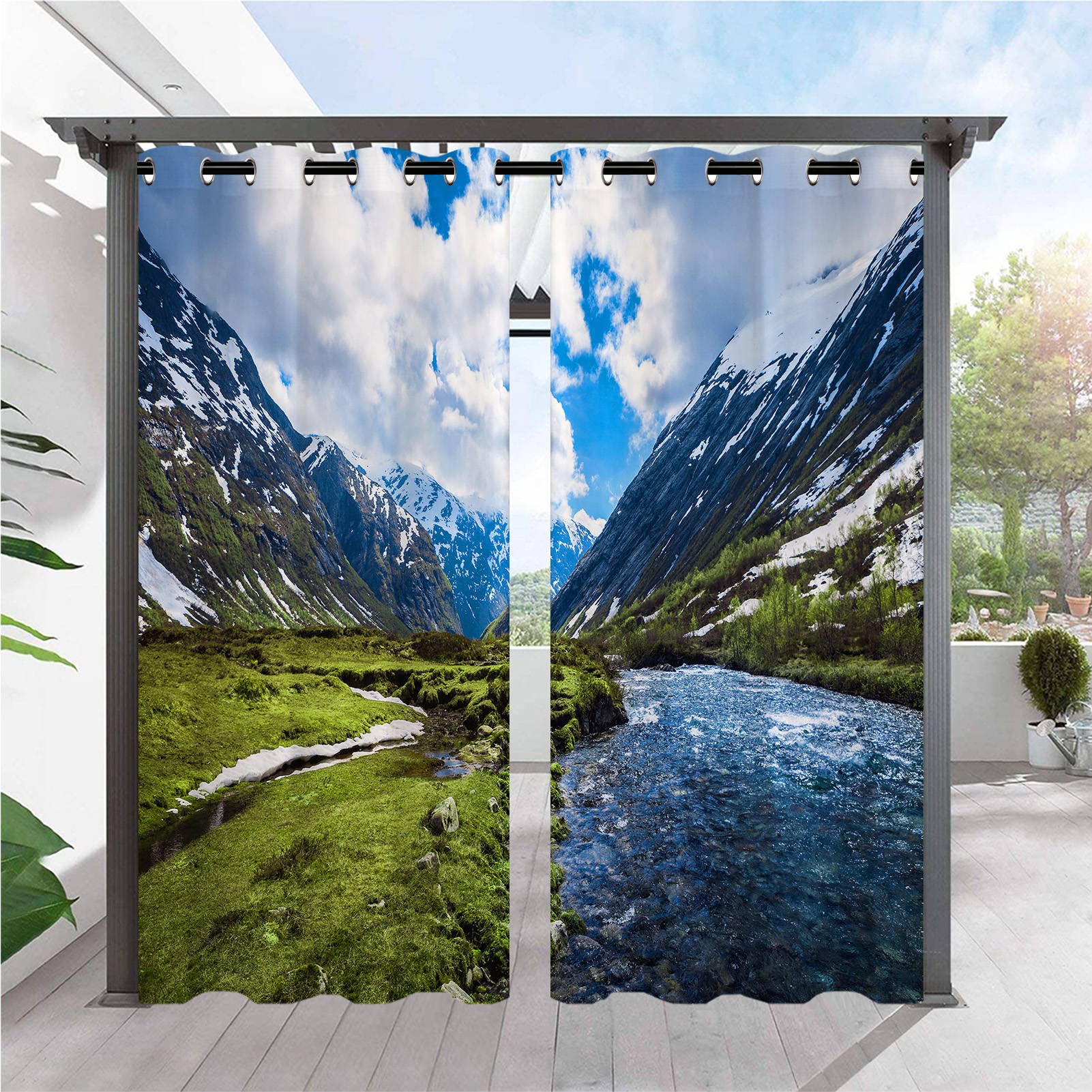 ANHOPE Outdoor Curtains Waterproof Eyelet Ring Top Drapes Nature Scenery River Snow Mountain Print Pattern Privacy Outside Curtains for Garden Patio Gazebo Pergola Porch Pool 2 Panels 36 x 84 Inch โ image 1