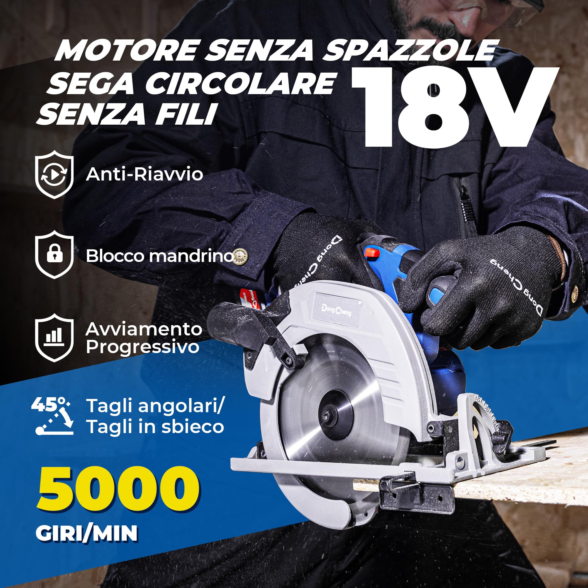 Dong Cheng Sega Circolare a Batteria da 18V, Diametro 185 mm, 5000 giri/min, Profondità di Taglio 65mm (90°)/45mm (45°) Con 4.0Ah Batteria, BOXX, Per Legno, Plastica, PVC