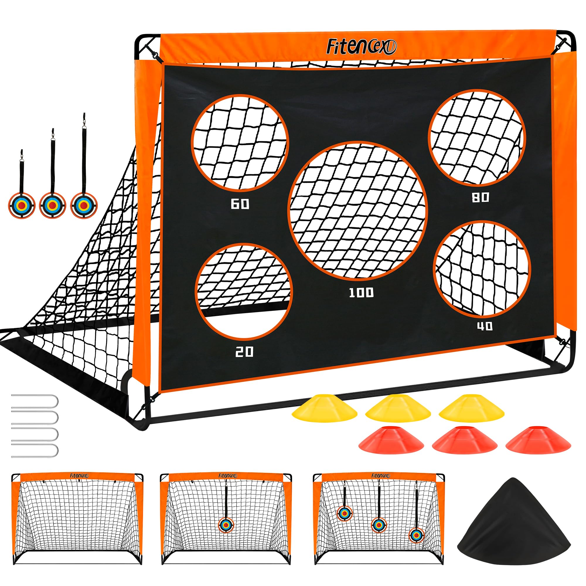 Fußballtor Kinder - 3-in-1 Pop Up Tor mit Torwand | Goal für Garten, Park & Strand | Outdoor Fussballtore mit 5 Schusslöchern, 3 Zielscheiben & 6 Hindernissen | inkl. Tasche & Bodennägel