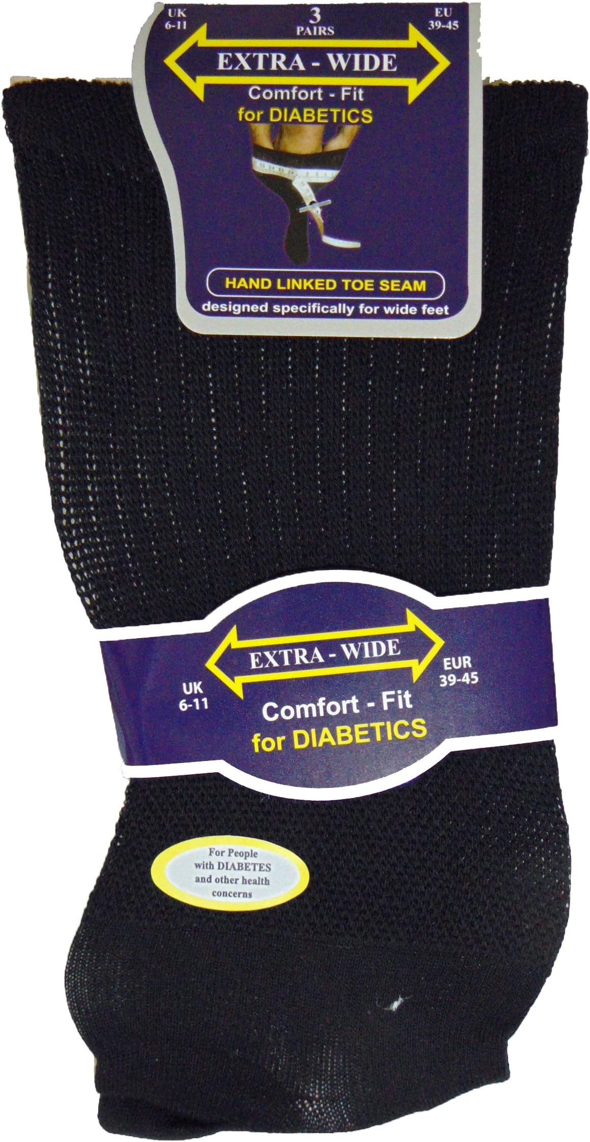 3 Pairs Mens Extra Wide Comfort Fit Diabetic Socks Oedema Poor Circulation Gents, Black, UK 6-11