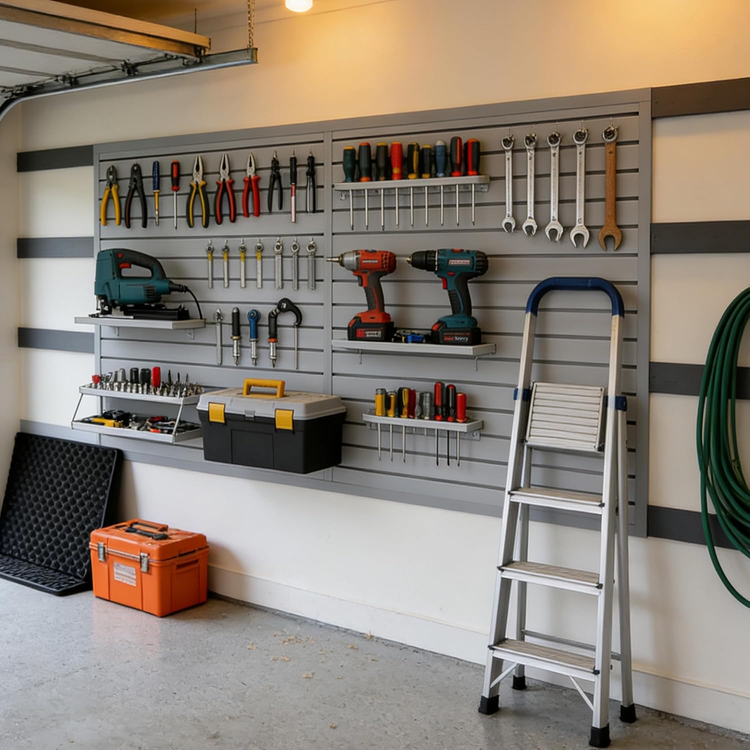 Slatwall Panel 4x8FT, Garage Slat Wall Storage Systems Durable and Sturdy, Easy-to-Install Interlocking PVC Slat Wall Organizer Panels Flexible and Convenient, Maximize Vertical Space