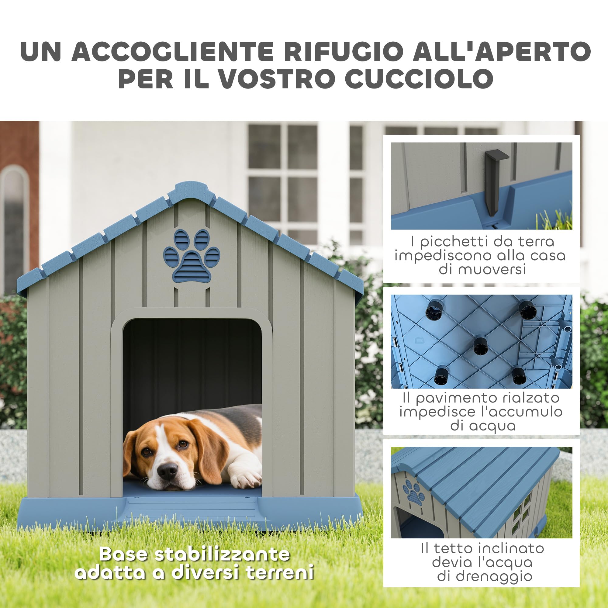 PawHut Cuccia per Cani in Plastica da Esterno Impermeabile Ventilato, Facile Montaggio, Casetta per Cani Taglia Media con Base Rialzato, Finestre e Tetto per Giardino, Patio, Casa, 85x79x82 cm, Grigio